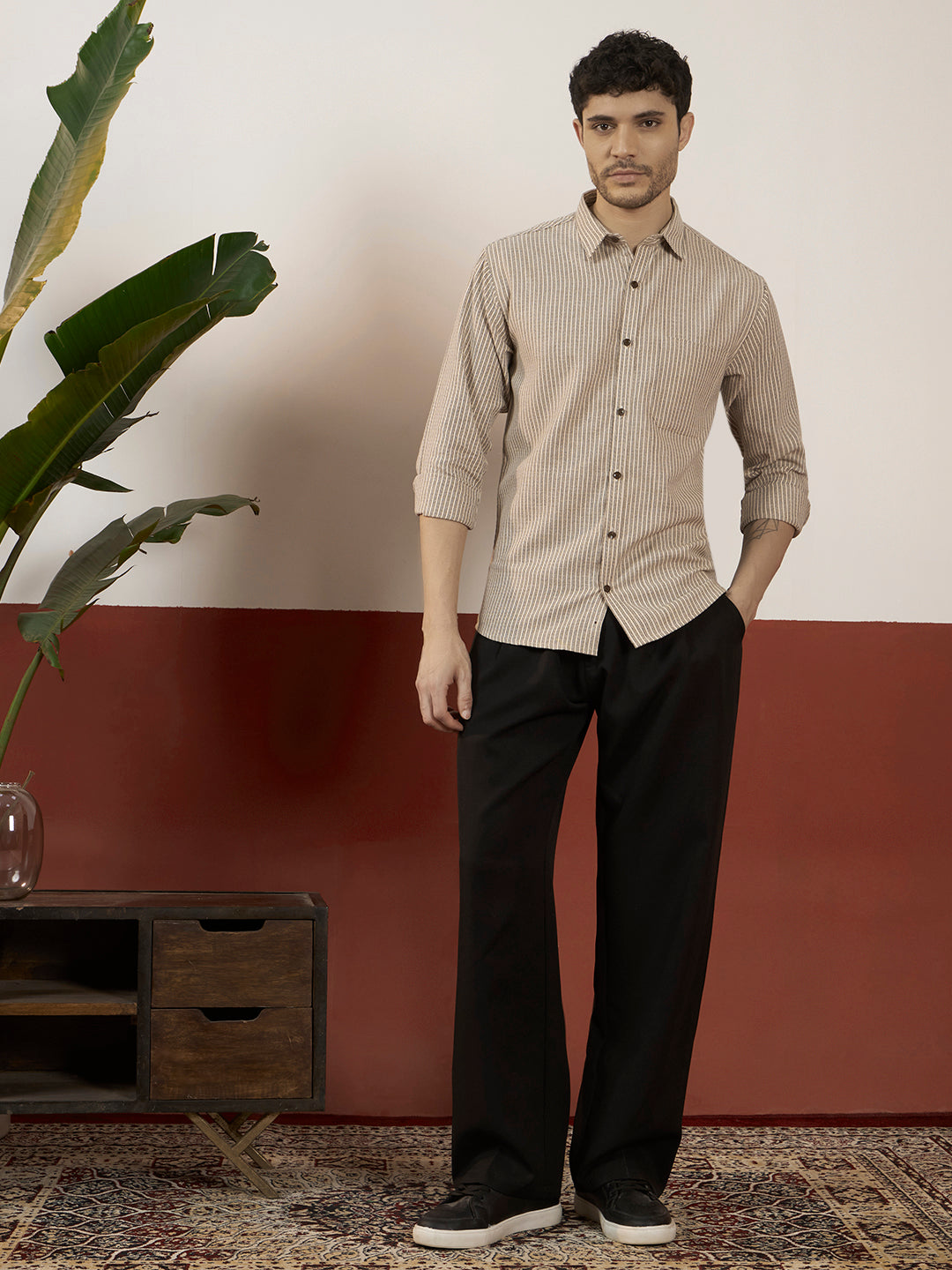 REBELAW Premium Beige Stripe Cotton Regular Fit Shirt