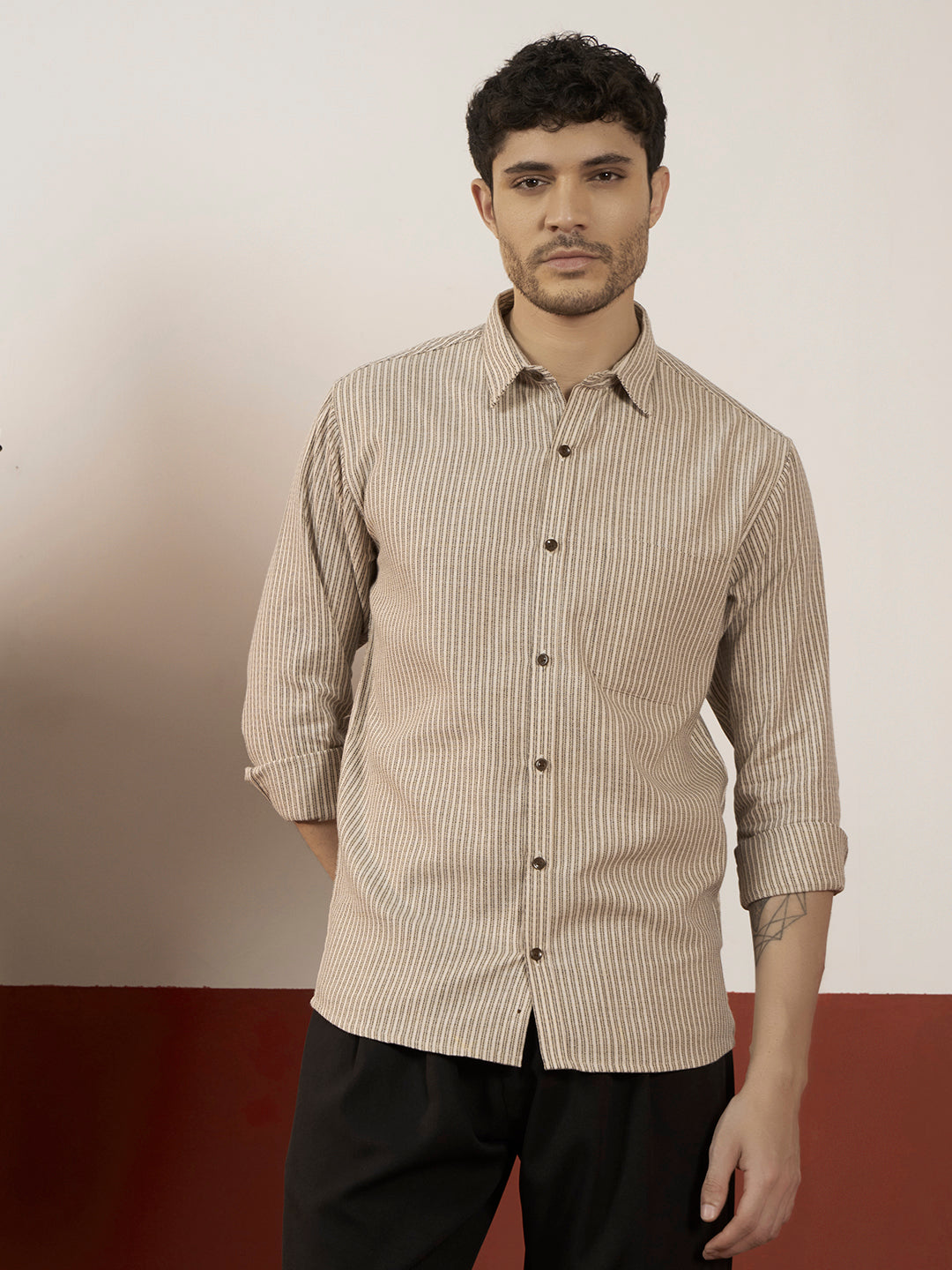 REBELAW Premium Beige Stripe Cotton Regular Fit Shirt