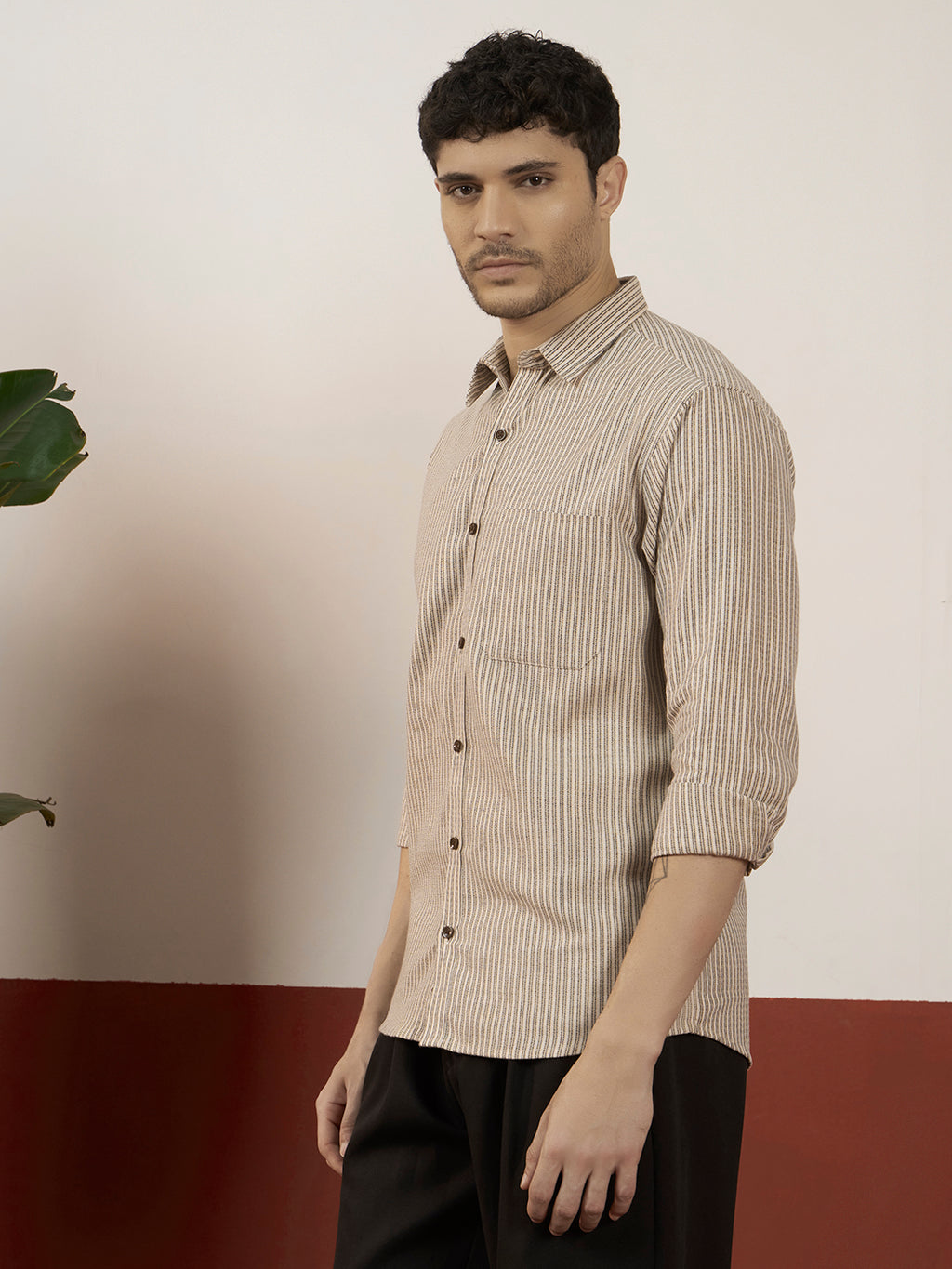 REBELAW Premium Beige Stripe Cotton Regular Fit Shirt