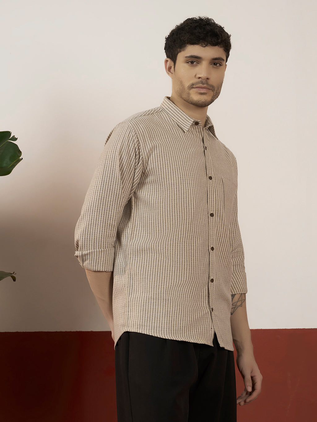 REBELAW Premium Beige Stripe Cotton Regular Fit Shirt