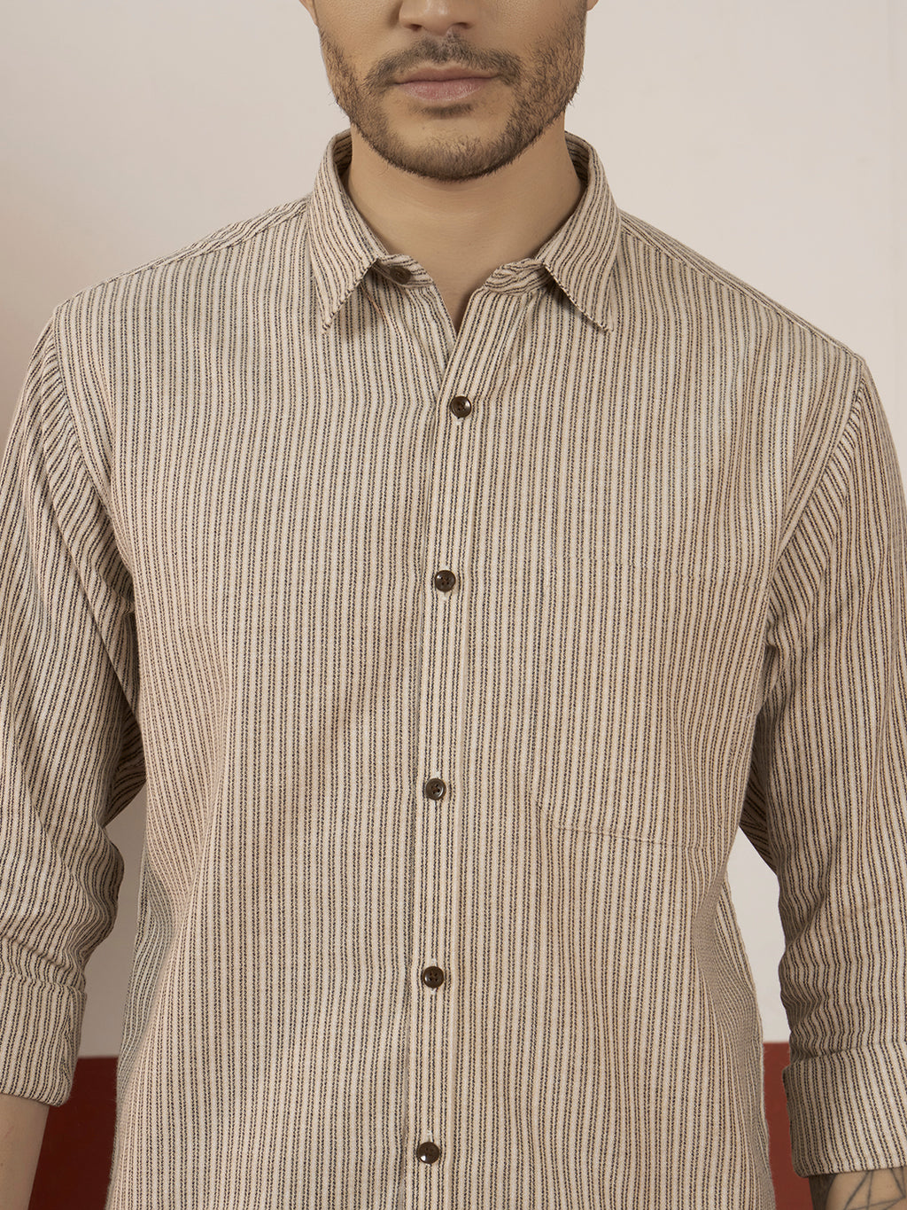 REBELAW Premium Beige Stripe Cotton Regular Fit Shirt