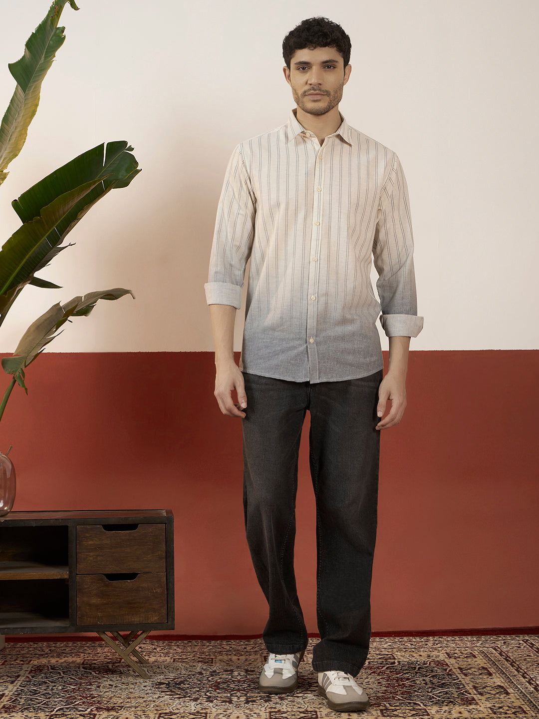 REBELAW Ivory Stripe Cotton Linen Regular Fit Shirt