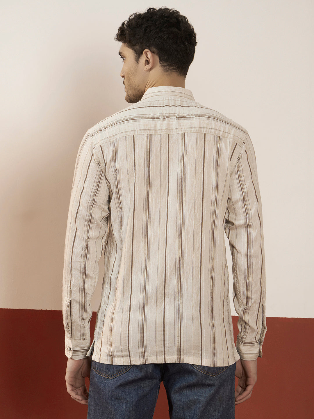 REBELAW Natural Stripe Wrinkle-Effect Cotton Blend Shirt
