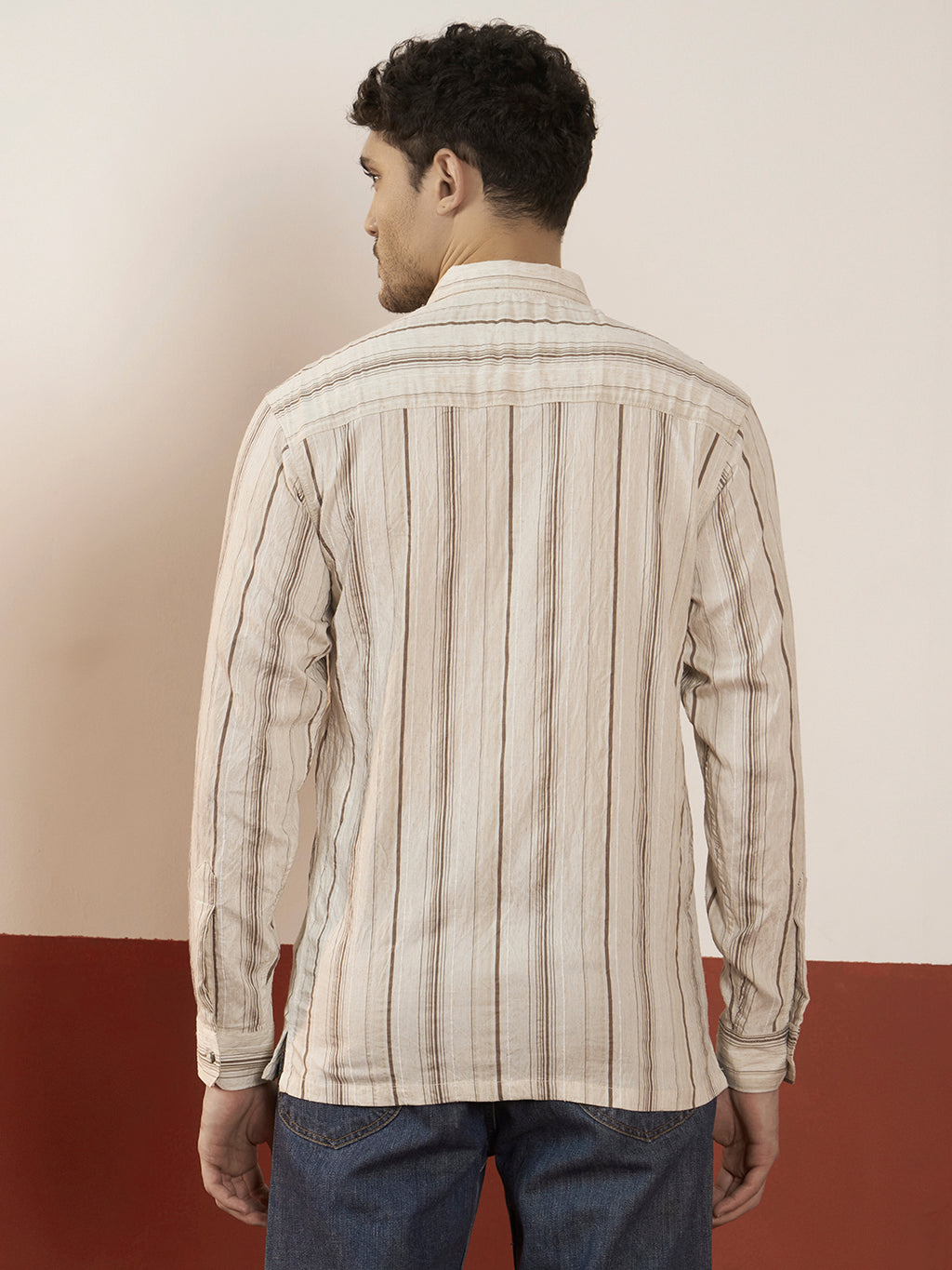 REBELAW Natural Stripe Wrinkle-Effect Cotton Blend Shirt