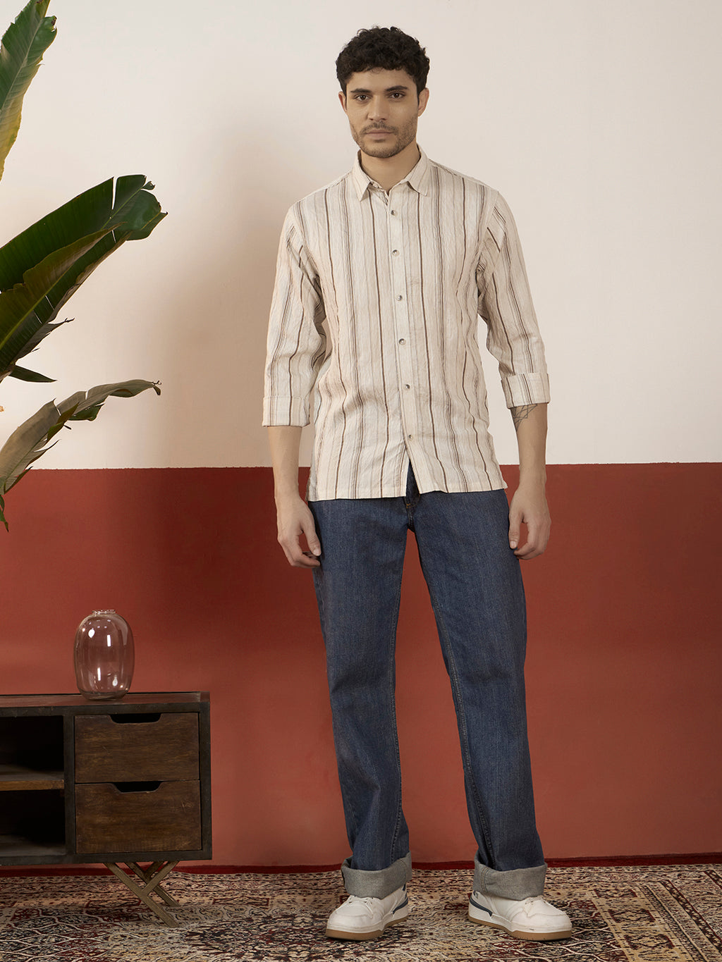 REBELAW Natural Stripe Wrinkle-Effect Cotton Blend Shirt