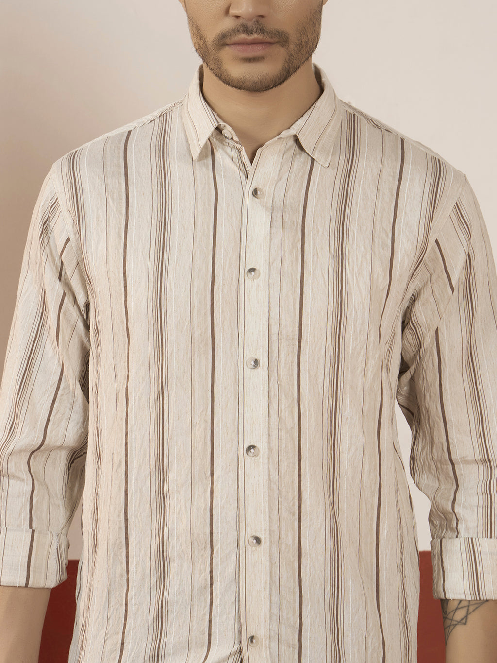 REBELAW Natural Stripe Wrinkle-Effect Cotton Blend Shirt