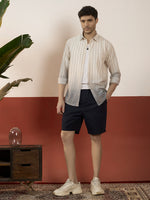 REBELAW Ivory Stripe Cotton Linen Regular Fit Shirt