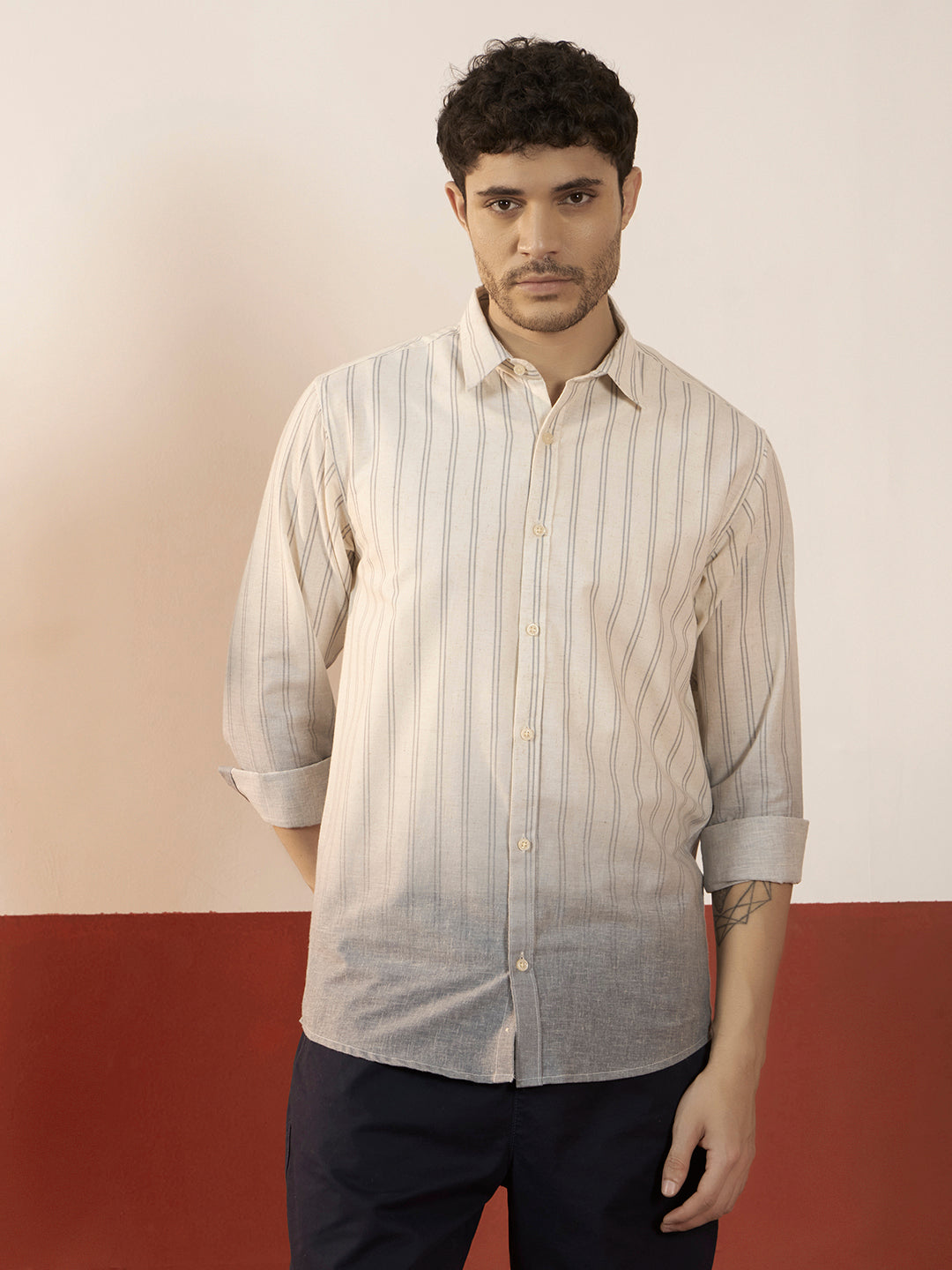 REBELAW Ivory Stripe Cotton Linen Regular Fit Shirt