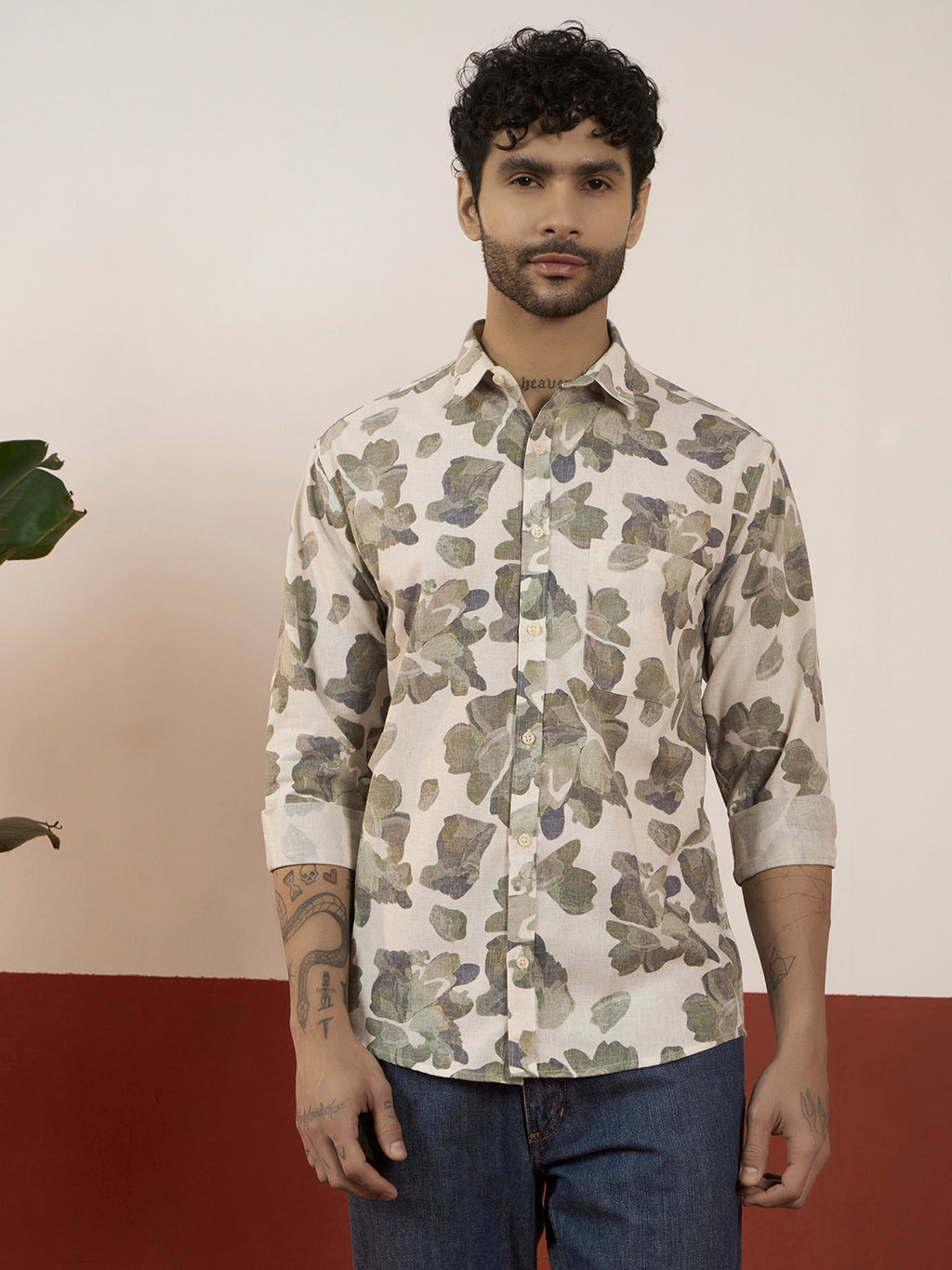 REBELAW Leaf Drift Linen Regular Fit Shirt