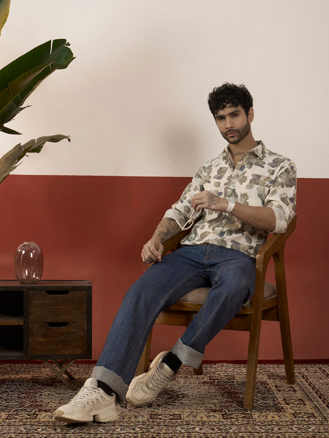 REBELAW Leaf Drift Linen Regular Fit Shirt