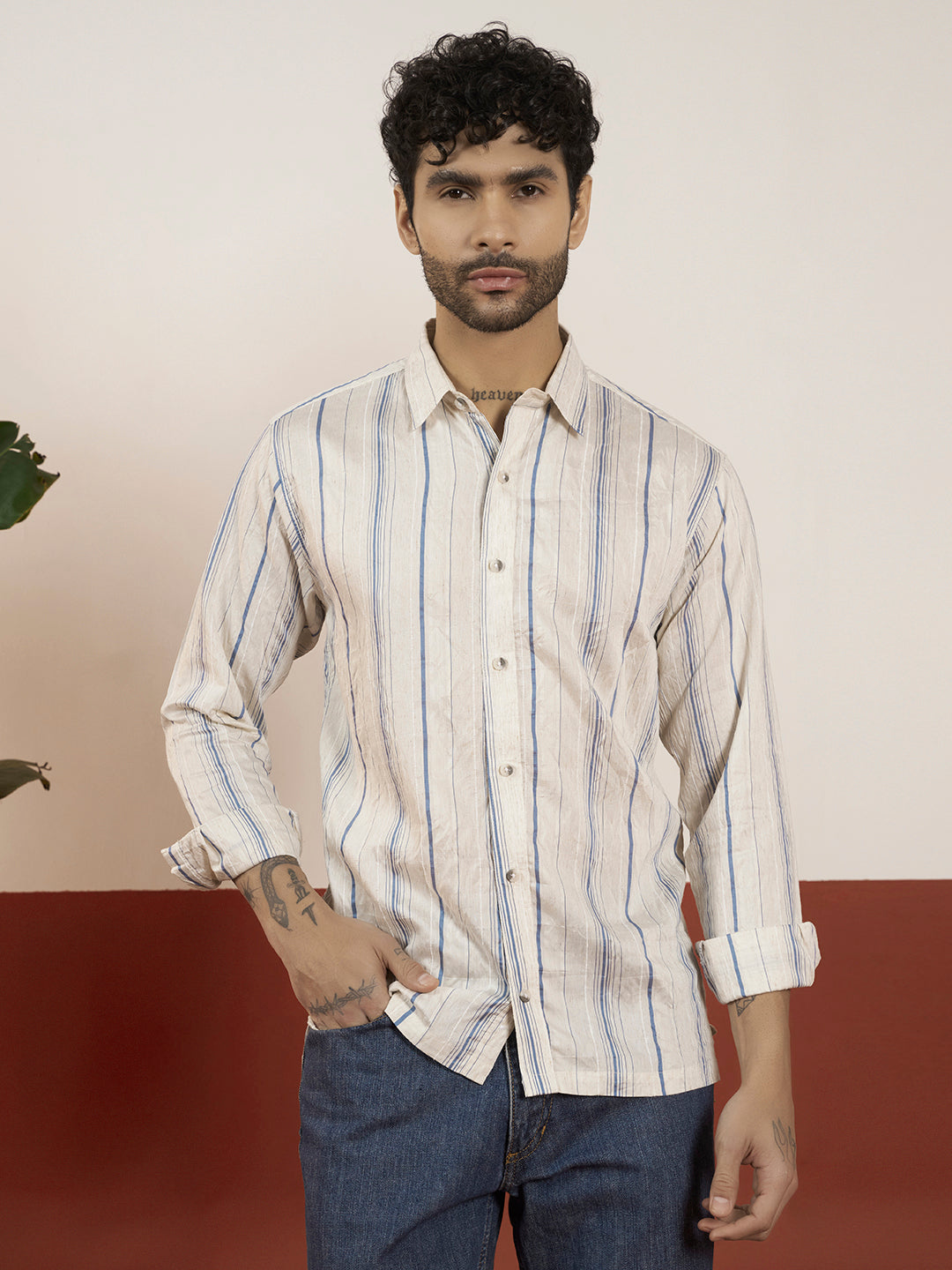 Men’s Regular Fit Polycotton Shirt with Blue Stripe
