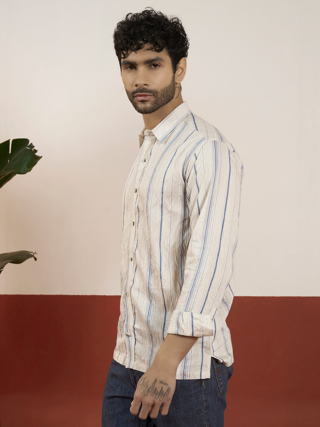 Men’s Regular Fit Polycotton Shirt with Blue Stripe