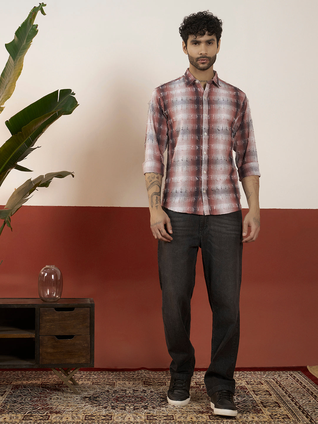 REBELAW Textured Check Cotton Regular Fit Shirt