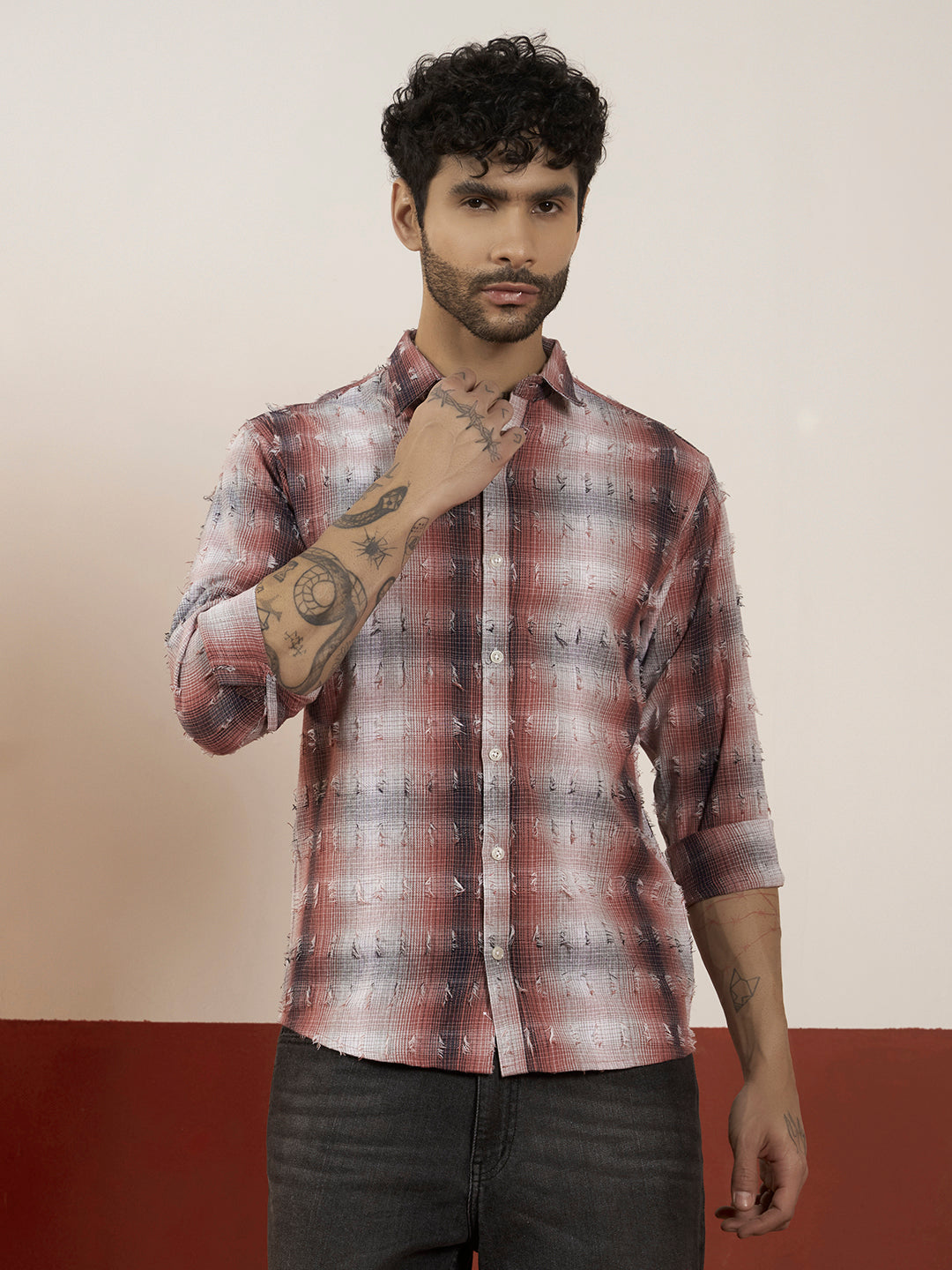 REBELAW Textured Check Cotton Regular Fit Shirt
