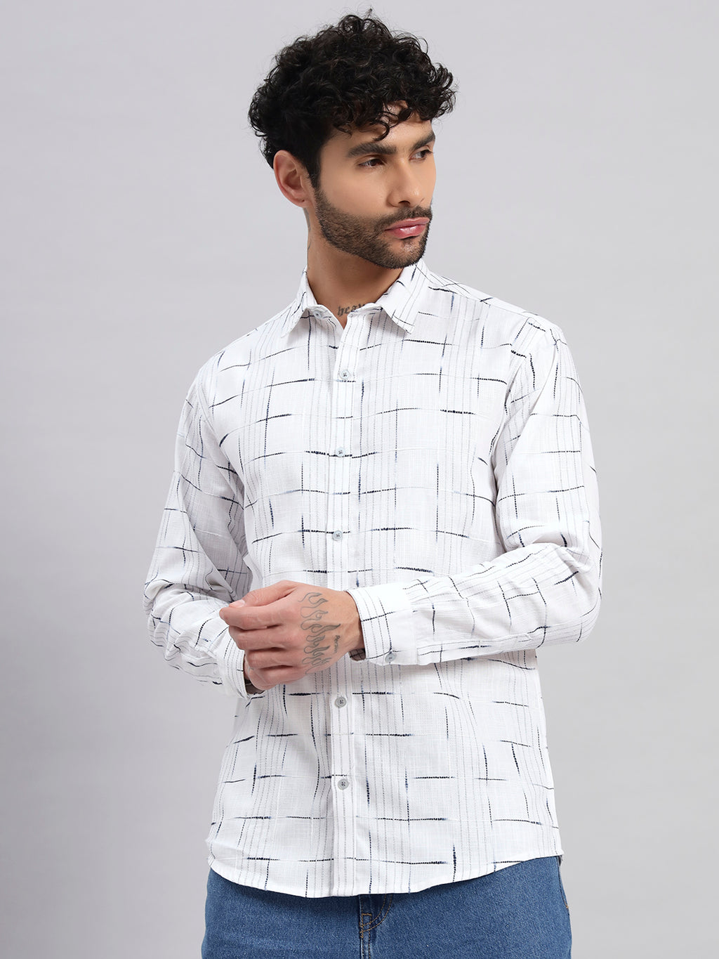 REBELAW Linear Grid Cotton Regular Fit Shirt