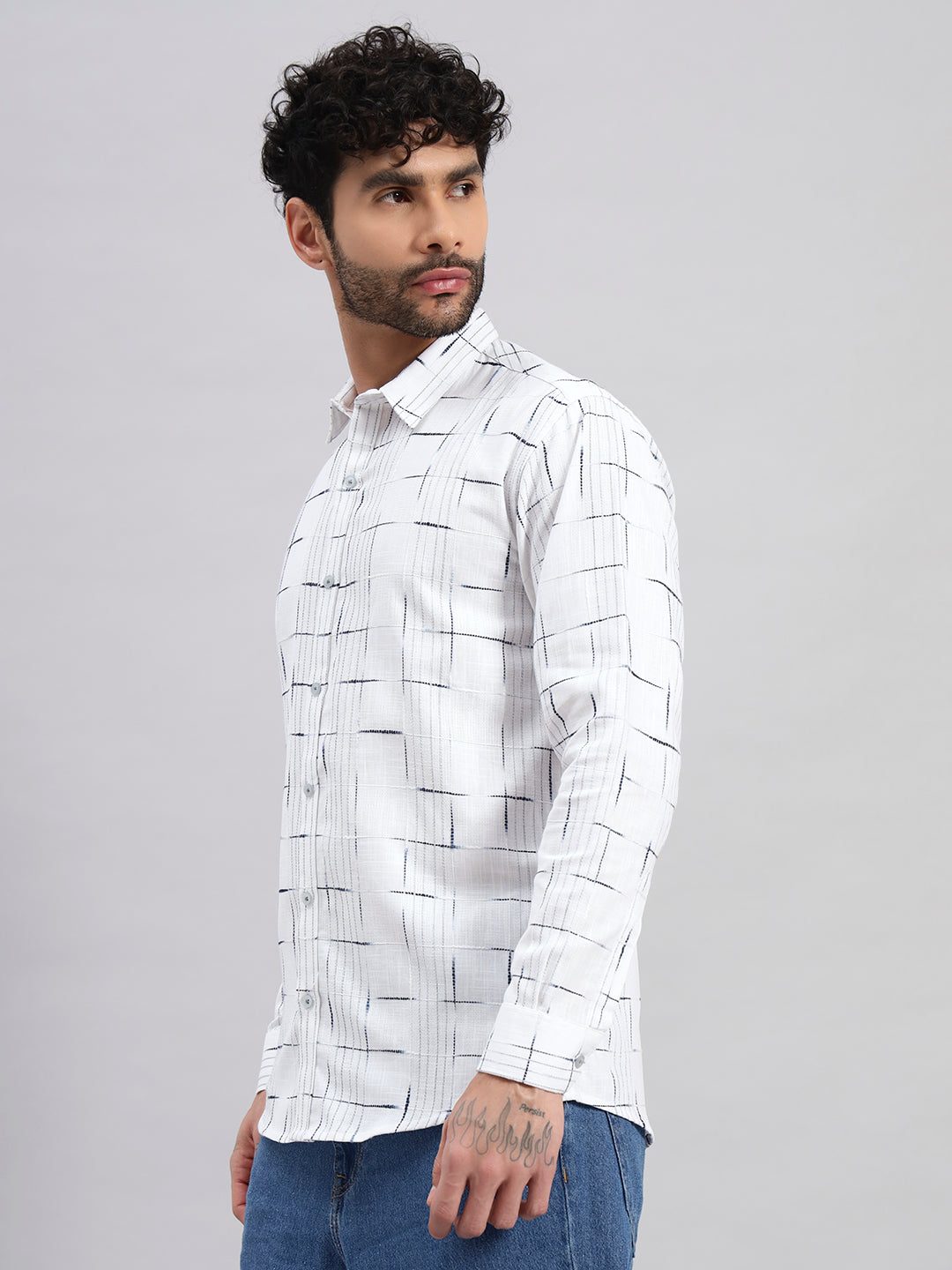 REBELAW Linear Grid Cotton Regular Fit Shirt