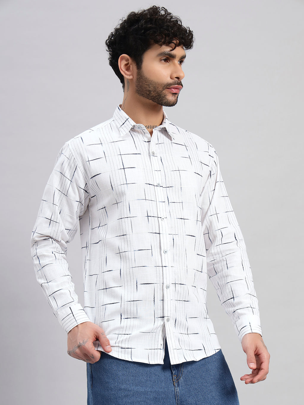 REBELAW Linear Grid Cotton Regular Fit Shirt