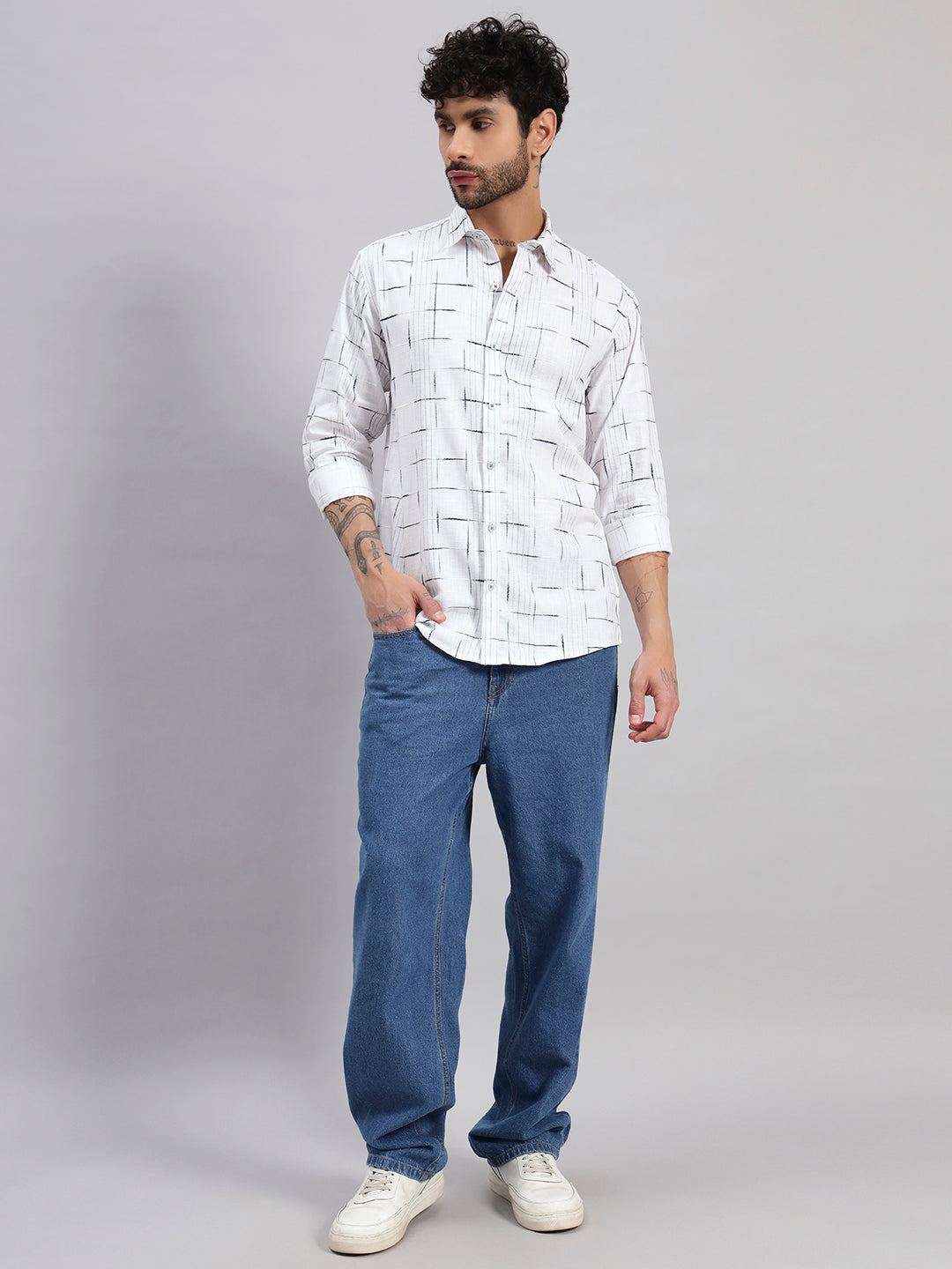 REBELAW Linear Grid Cotton Regular Fit Shirt