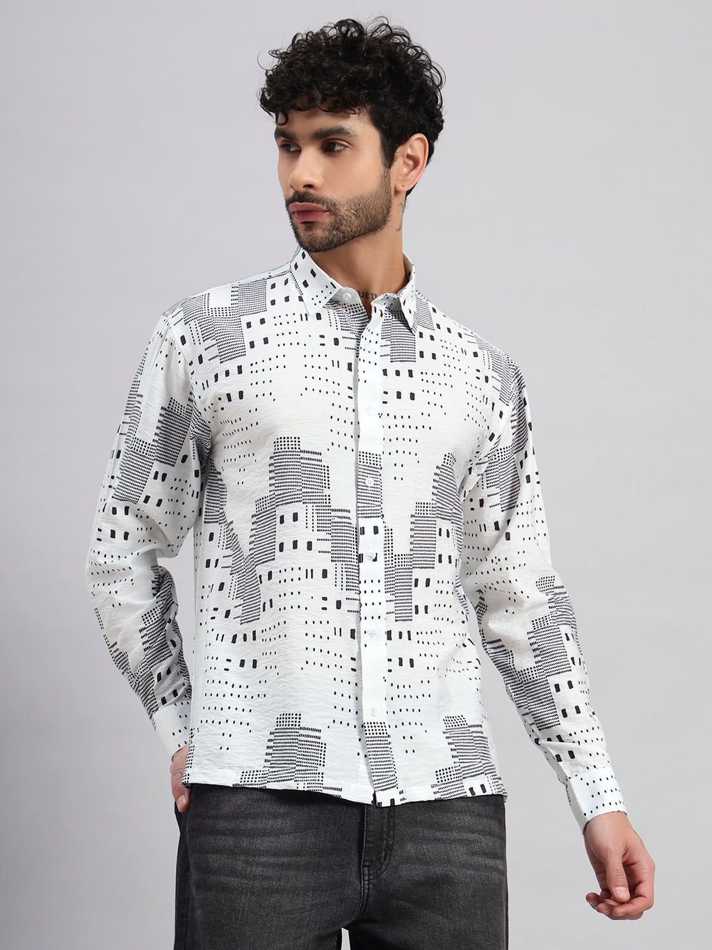 REBELAW Urban Grid Print Wrinkle-Free Cotton Blend Shirt