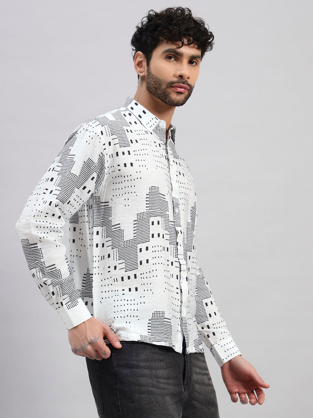 REBELAW Urban Grid Print Wrinkle-Free Cotton Blend Shirt