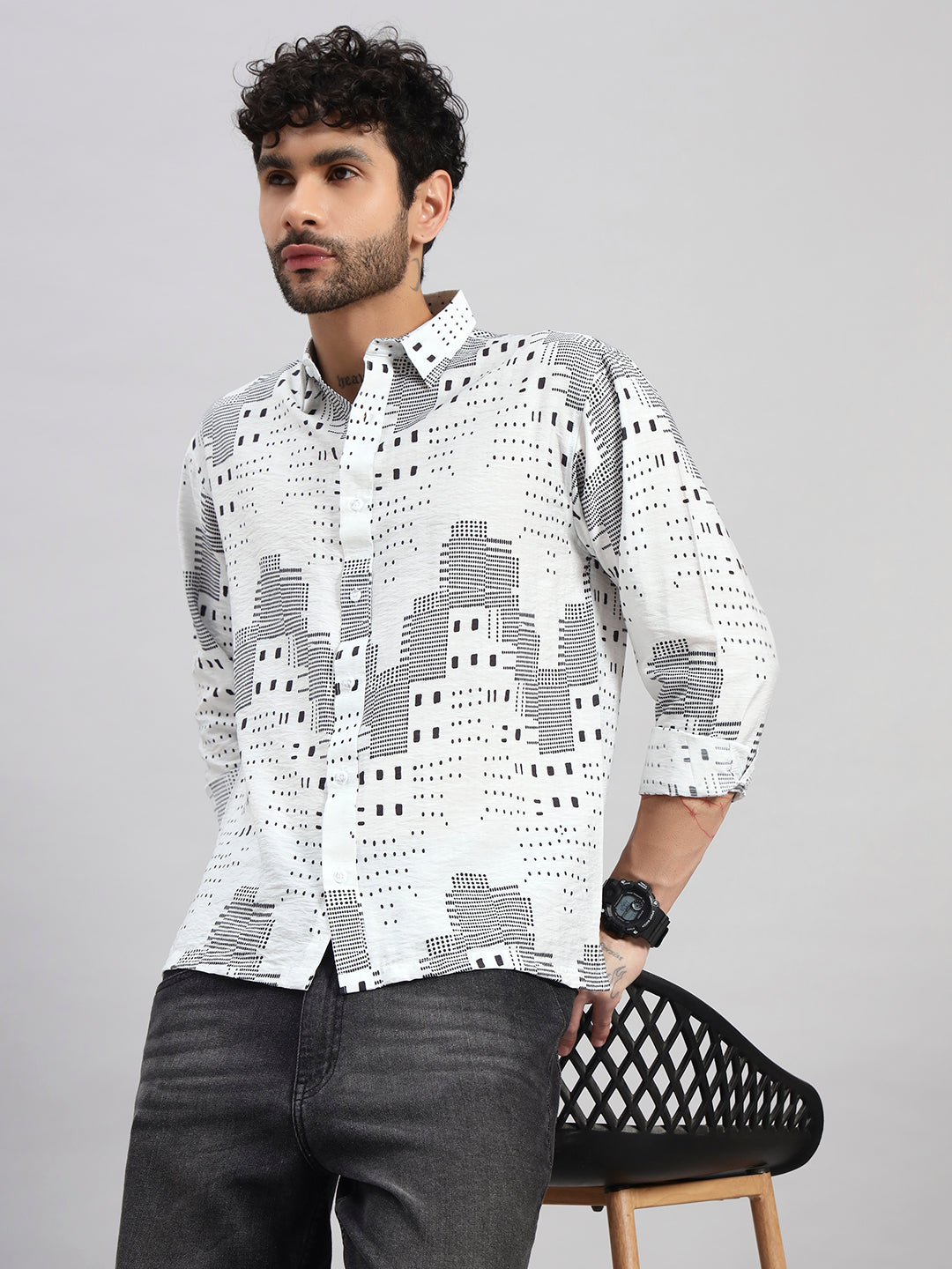 REBELAW Urban Grid Print Wrinkle-Free Cotton Blend Shirt