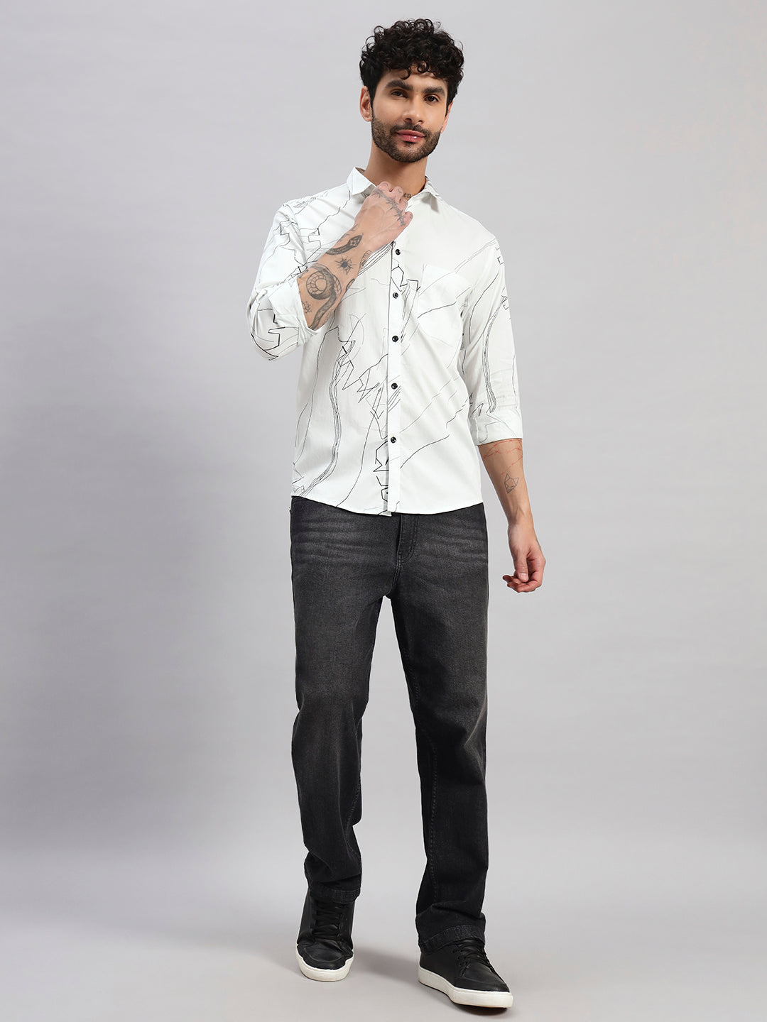 REBELAW Men’s Satin Cotton Printed Shirt | Modern Abstract Design | Regular Fit