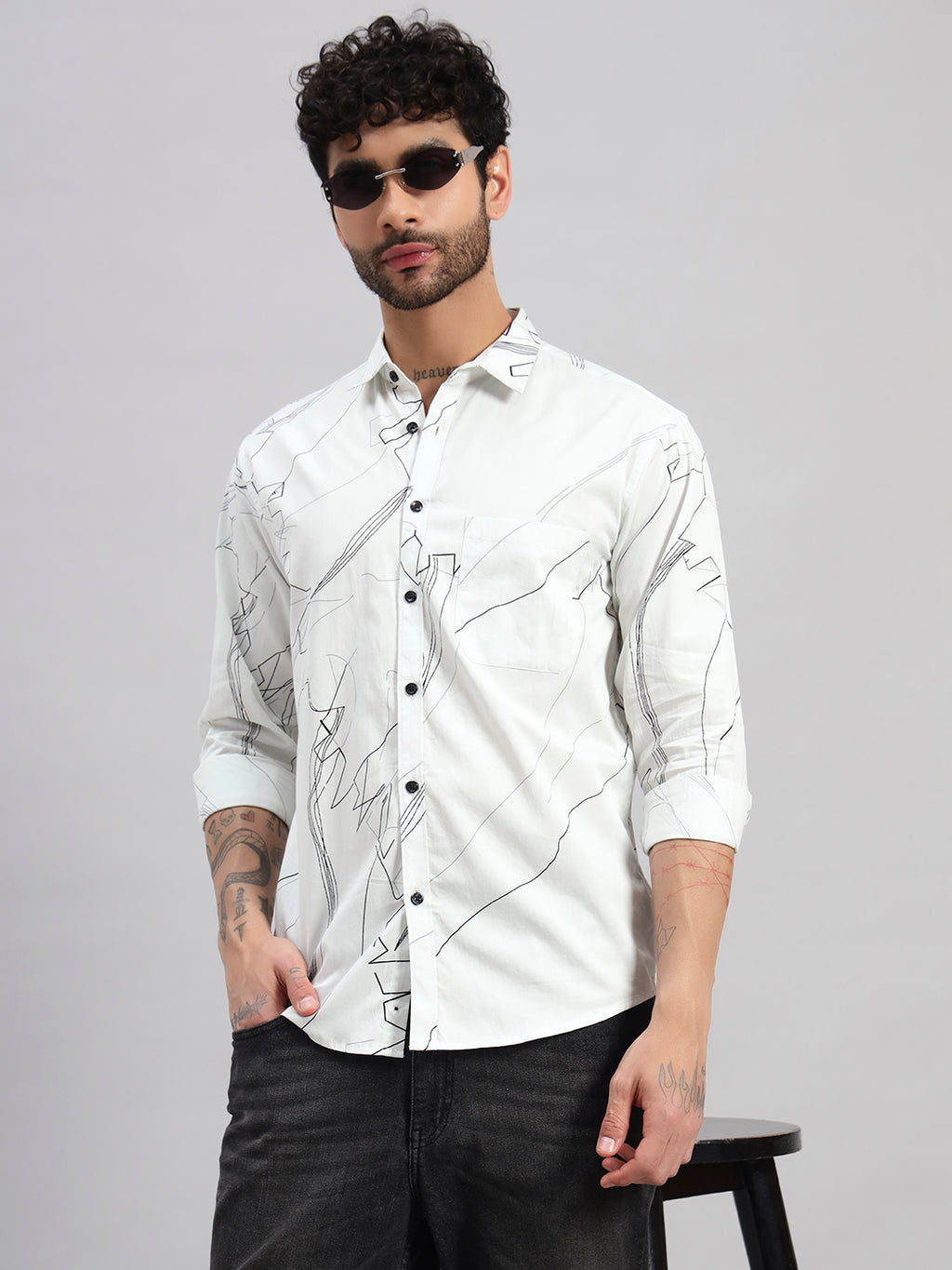 REBELAW Men’s Satin Cotton Printed Shirt | Modern Abstract Design | Regular Fit