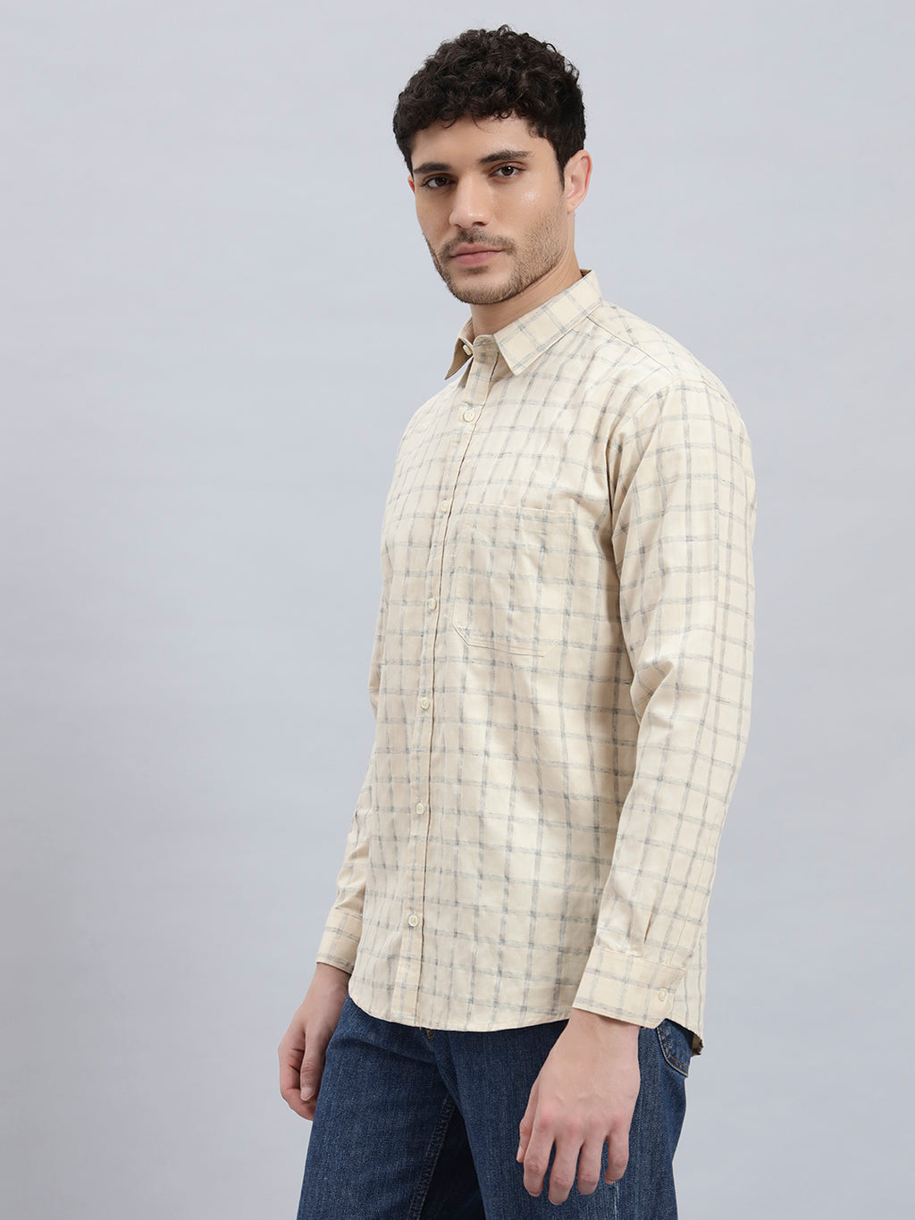 Men's Beige Checked Shirt