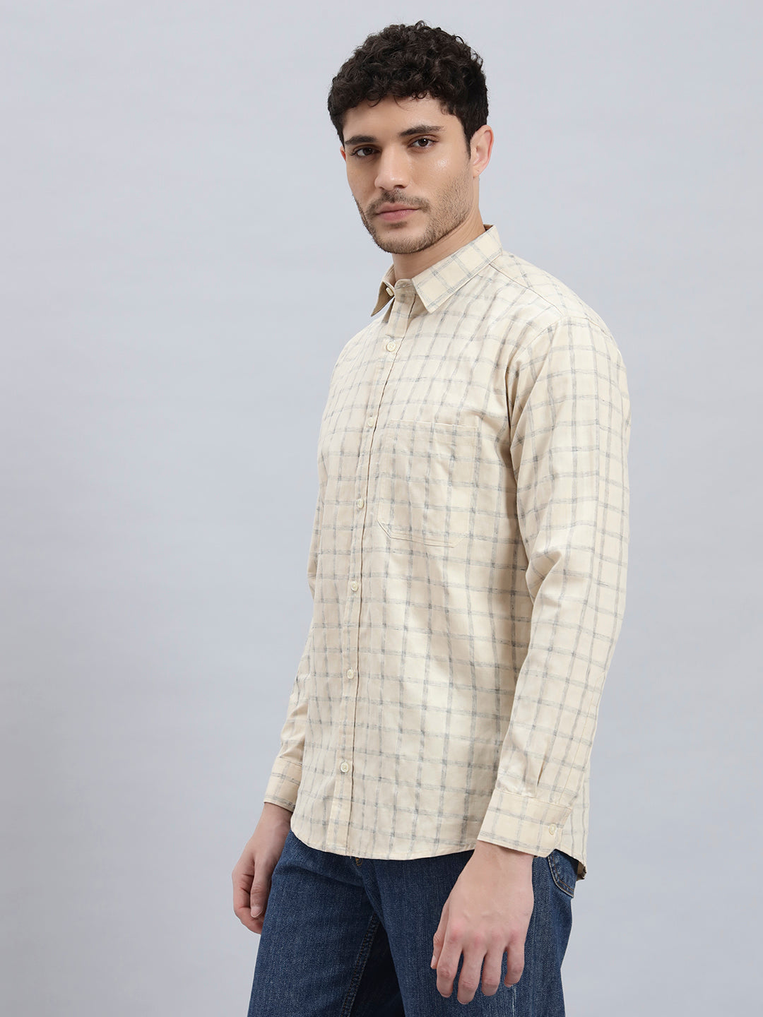 Men's Beige Checked Shirt