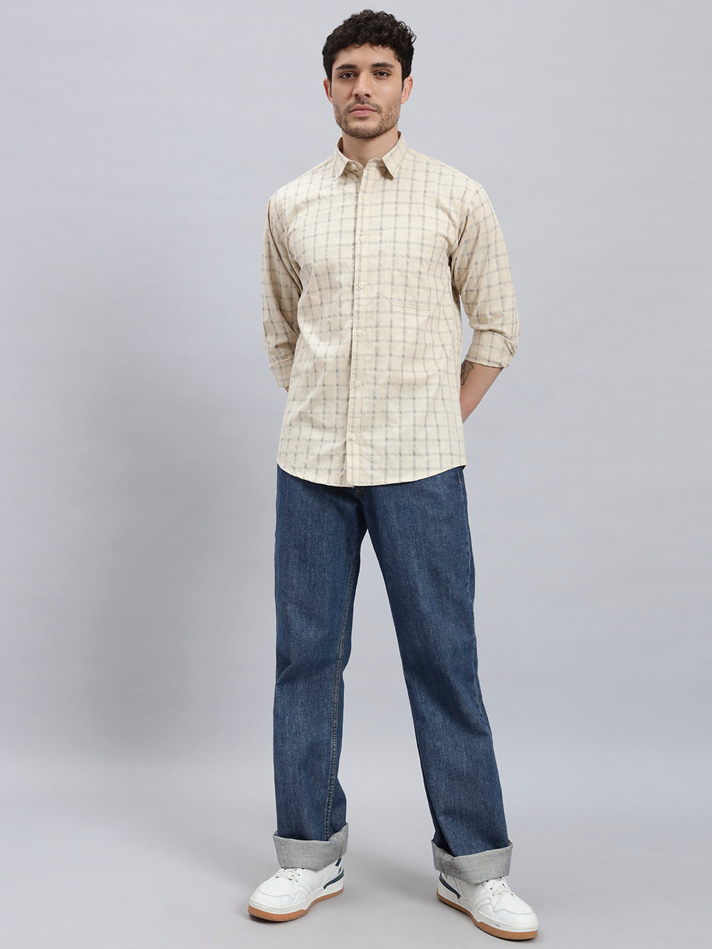 Men's Beige Checked Shirt