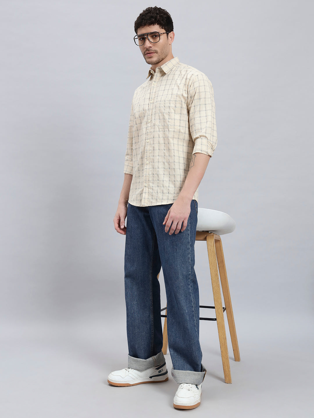 Men's Beige Checked Shirt