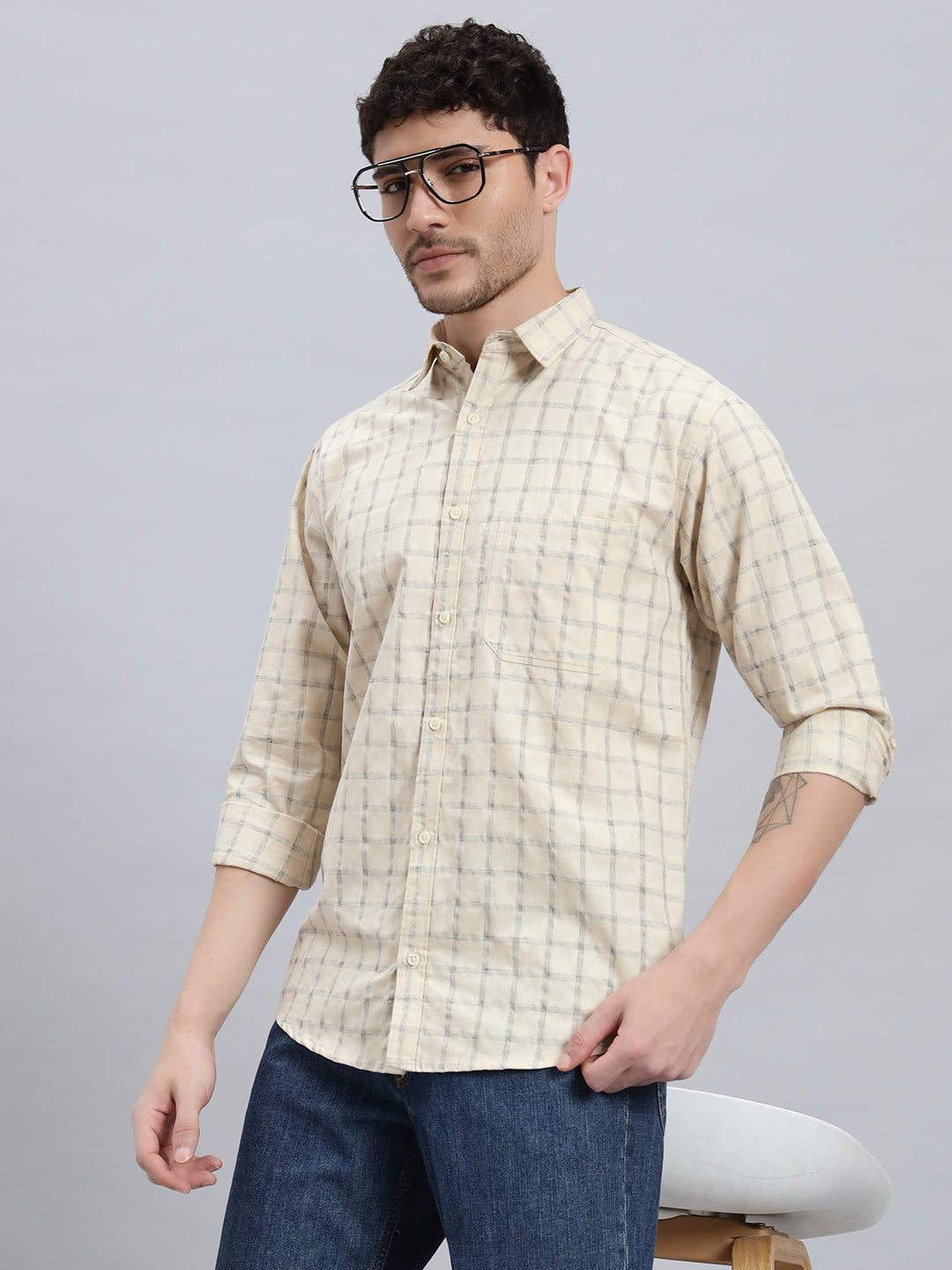 Men's Beige Checked Shirt