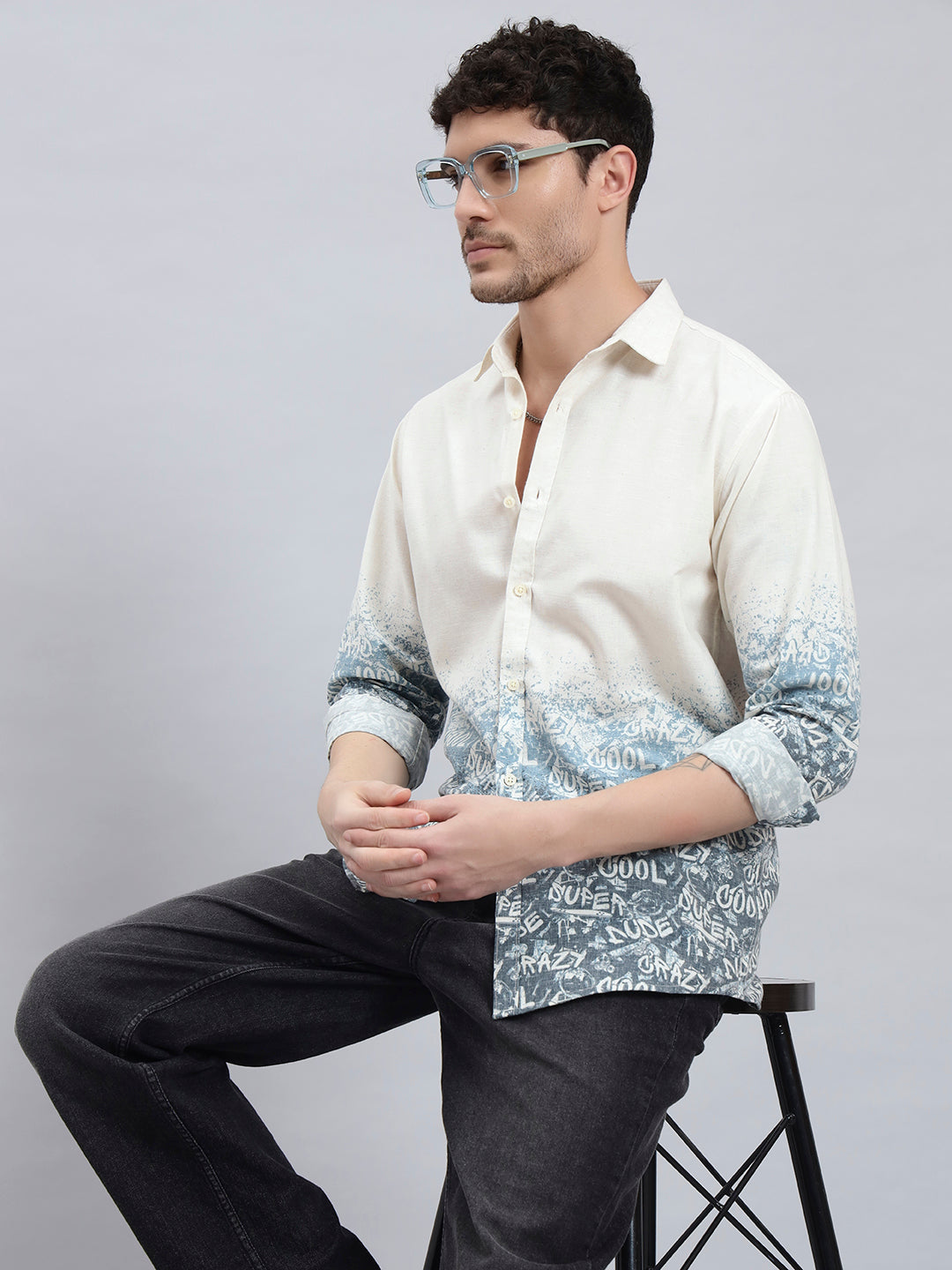 REBELAW Alphabet Print Cotton Linen Shirt