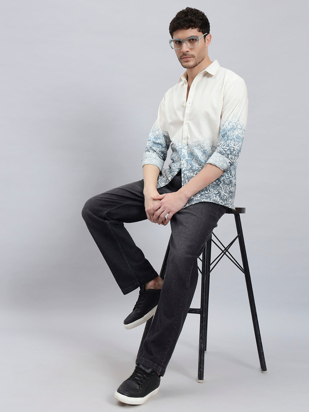 REBELAW Alphabet Print Cotton Linen Shirt