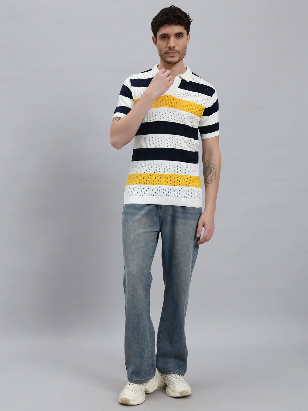Men’s Premium Cotton Knitted T-Shirt with Multicolour Stripe Design