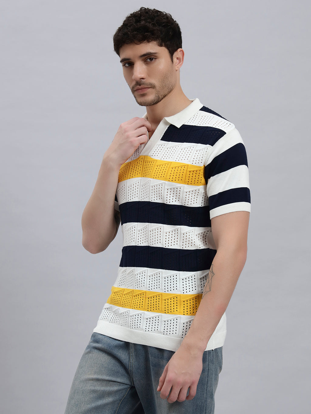 Men’s Premium Cotton Knitted T-Shirt with Multicolour Stripe Design