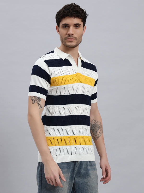 Men’s Premium Cotton Knitted T-Shirt with Multicolour Stripe Design