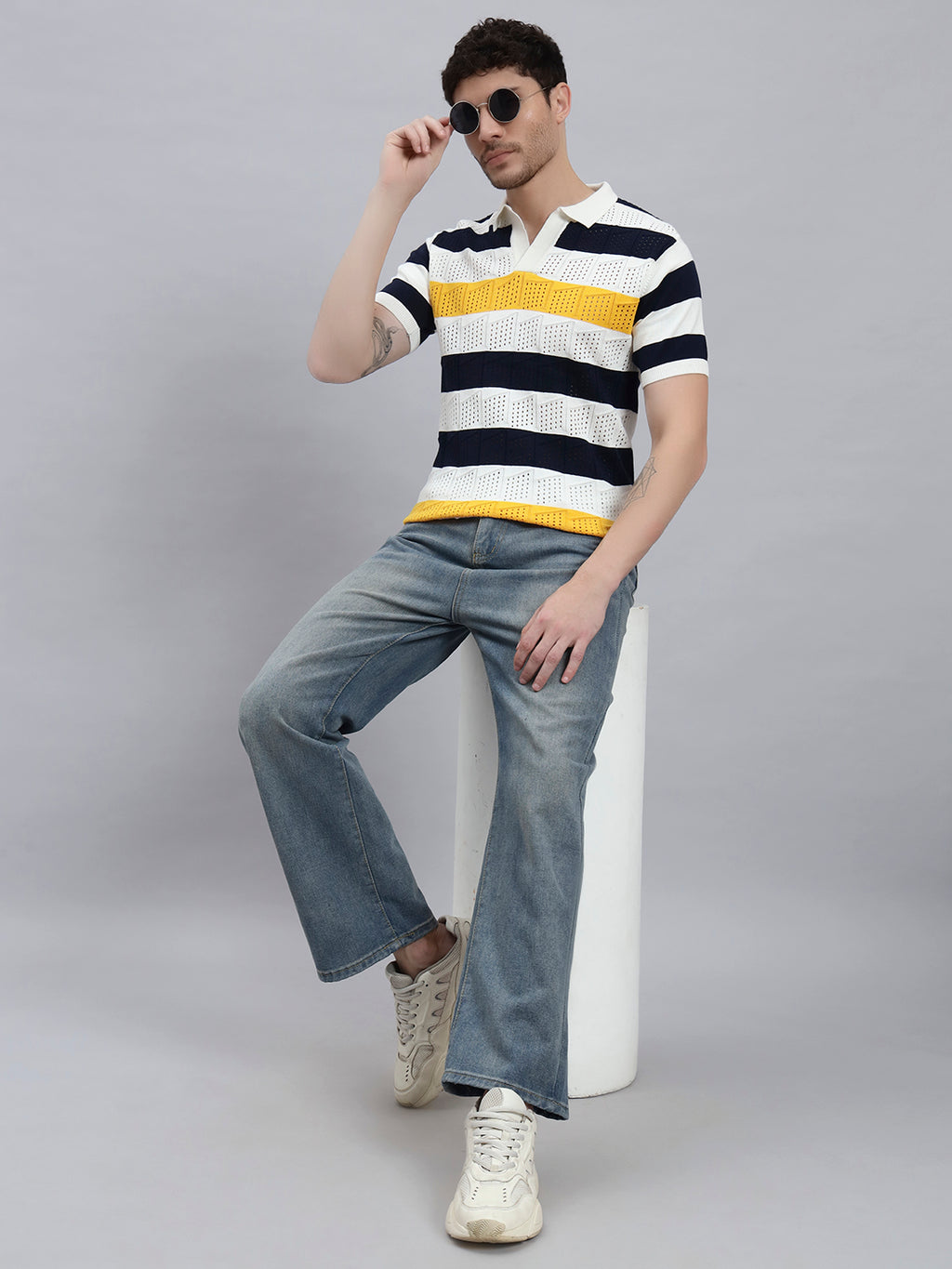 Men’s Premium Cotton Knitted T-Shirt with Multicolour Stripe Design