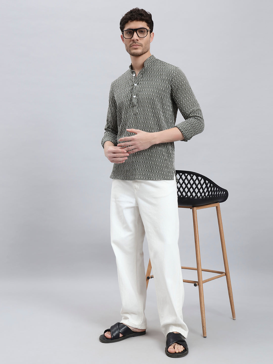 Textured Bottle Green Short Kurta