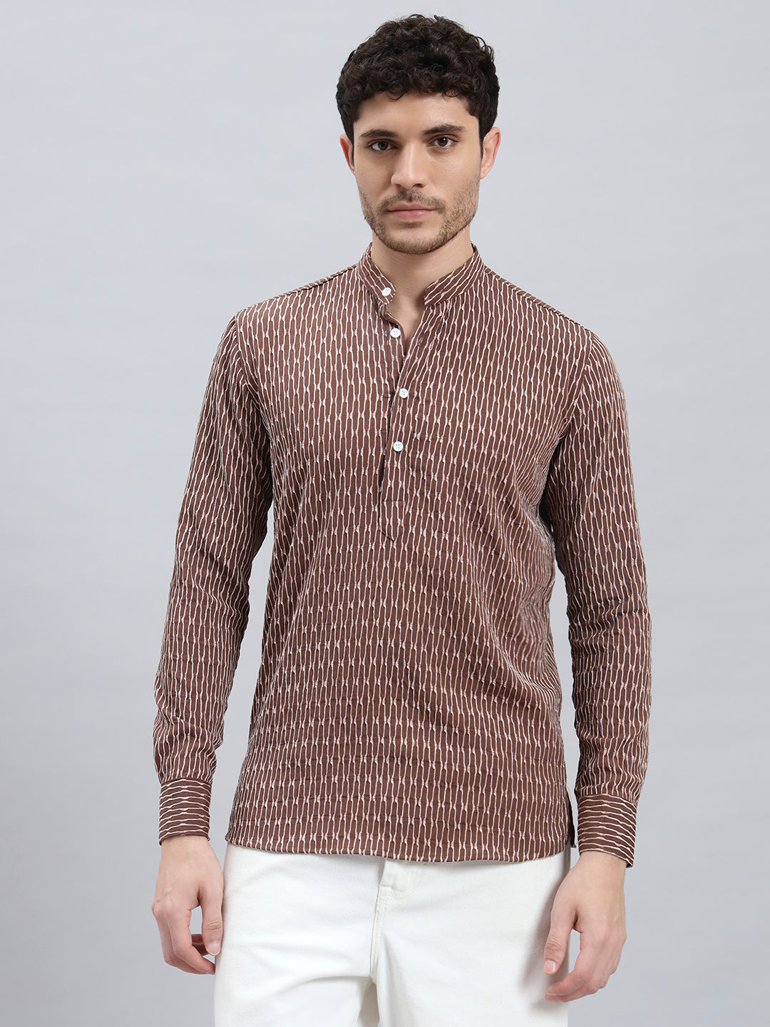 Textured Dark Brown Short Kurta