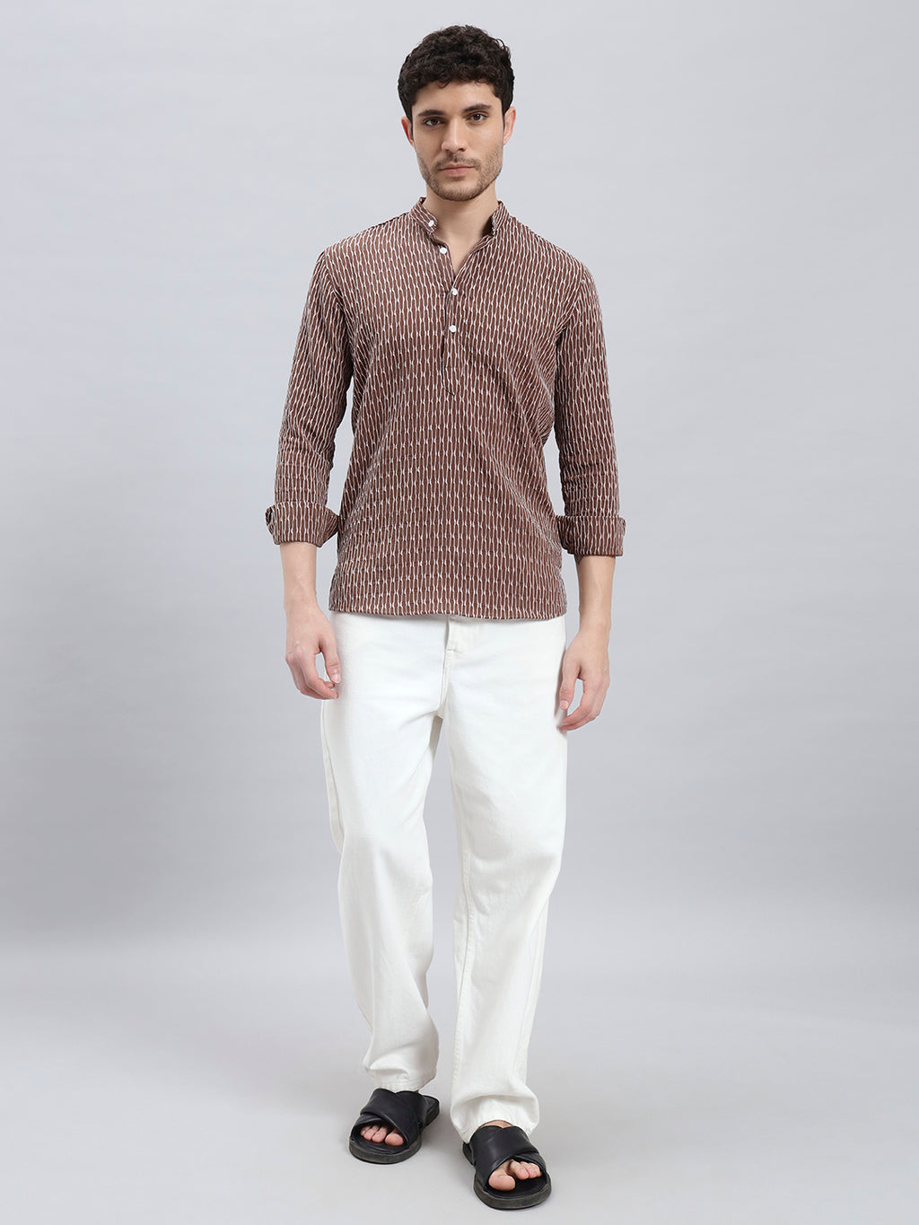 Textured Dark Brown Short Kurta