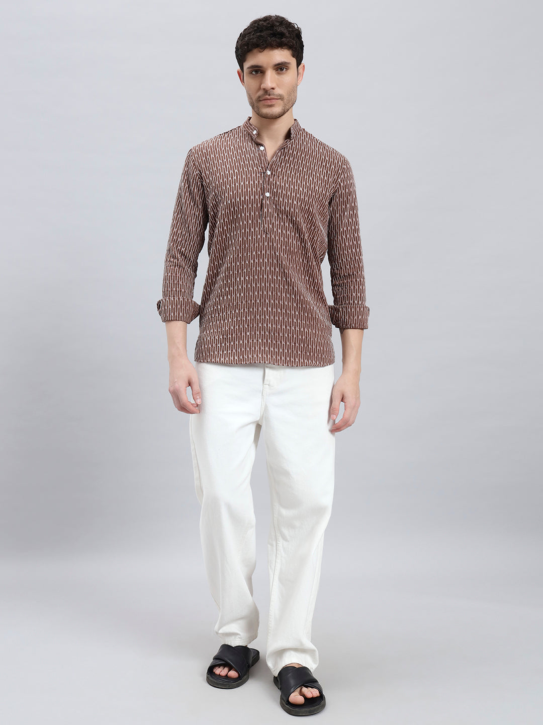 Textured Dark Brown Short Kurta