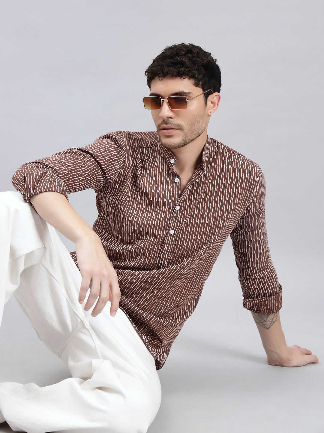 Textured Dark Brown Short Kurta