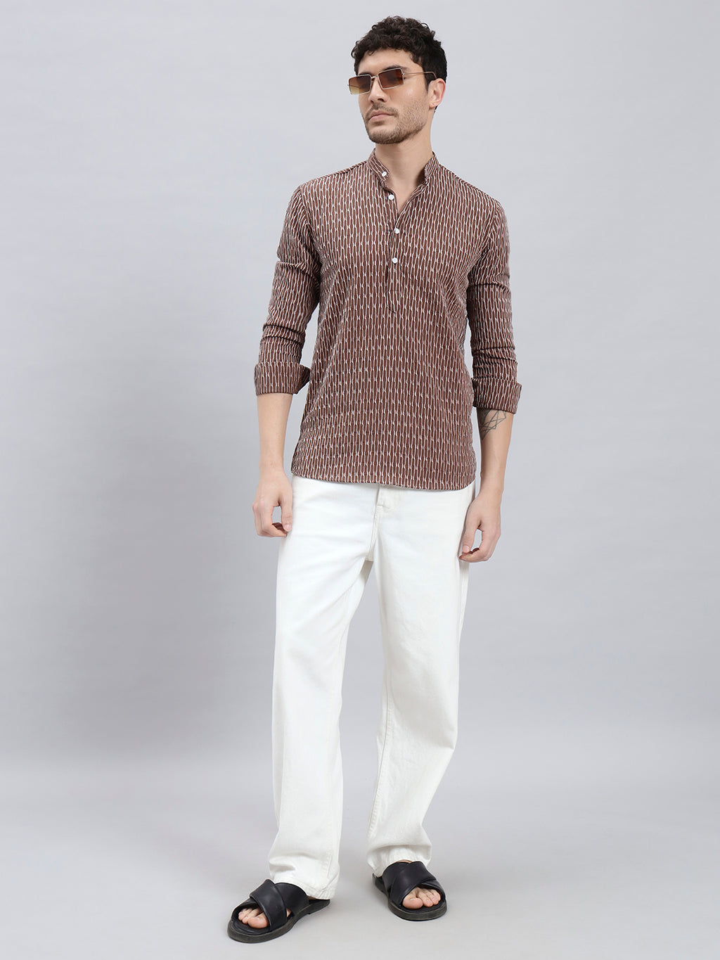 Textured Dark Brown Short Kurta