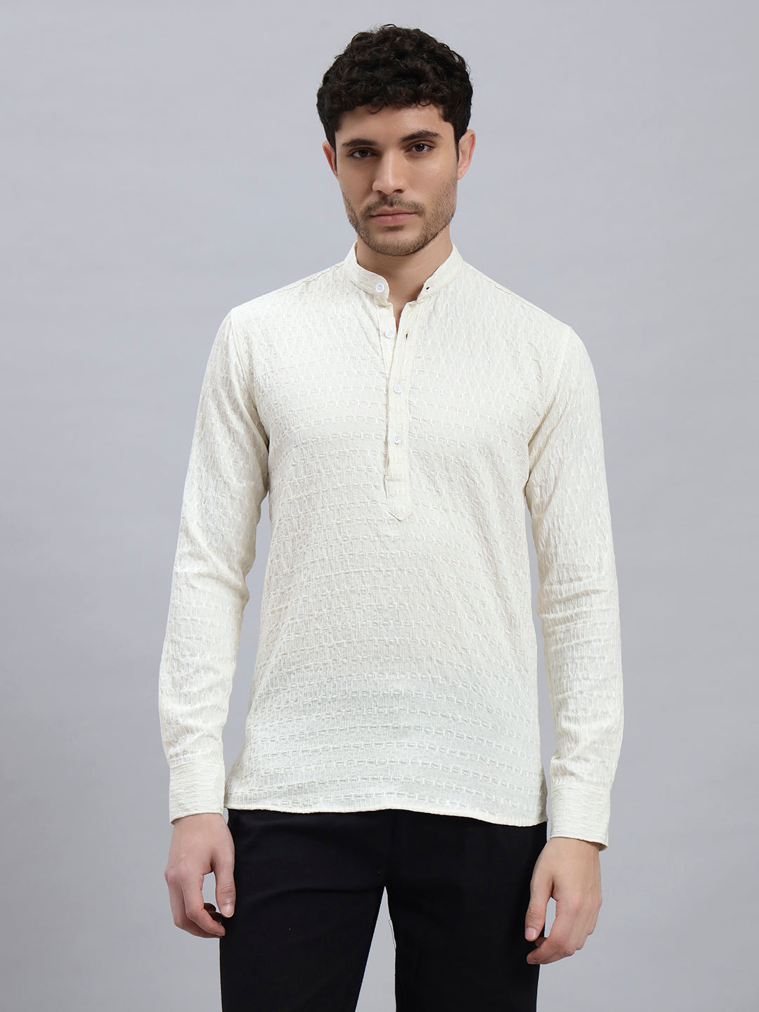 Textured White Short Kurta