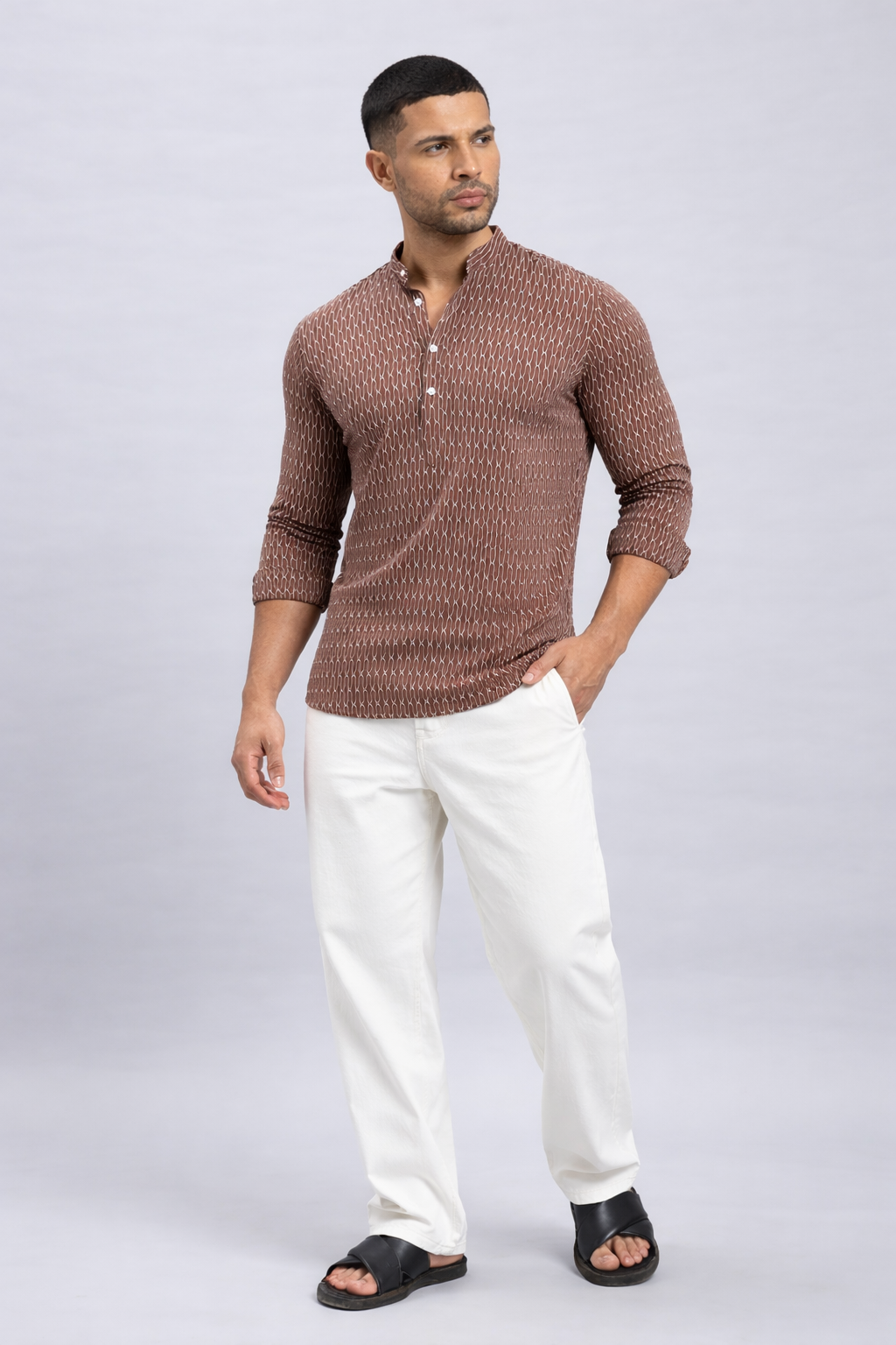 Textured Dark Brown Short Kurta