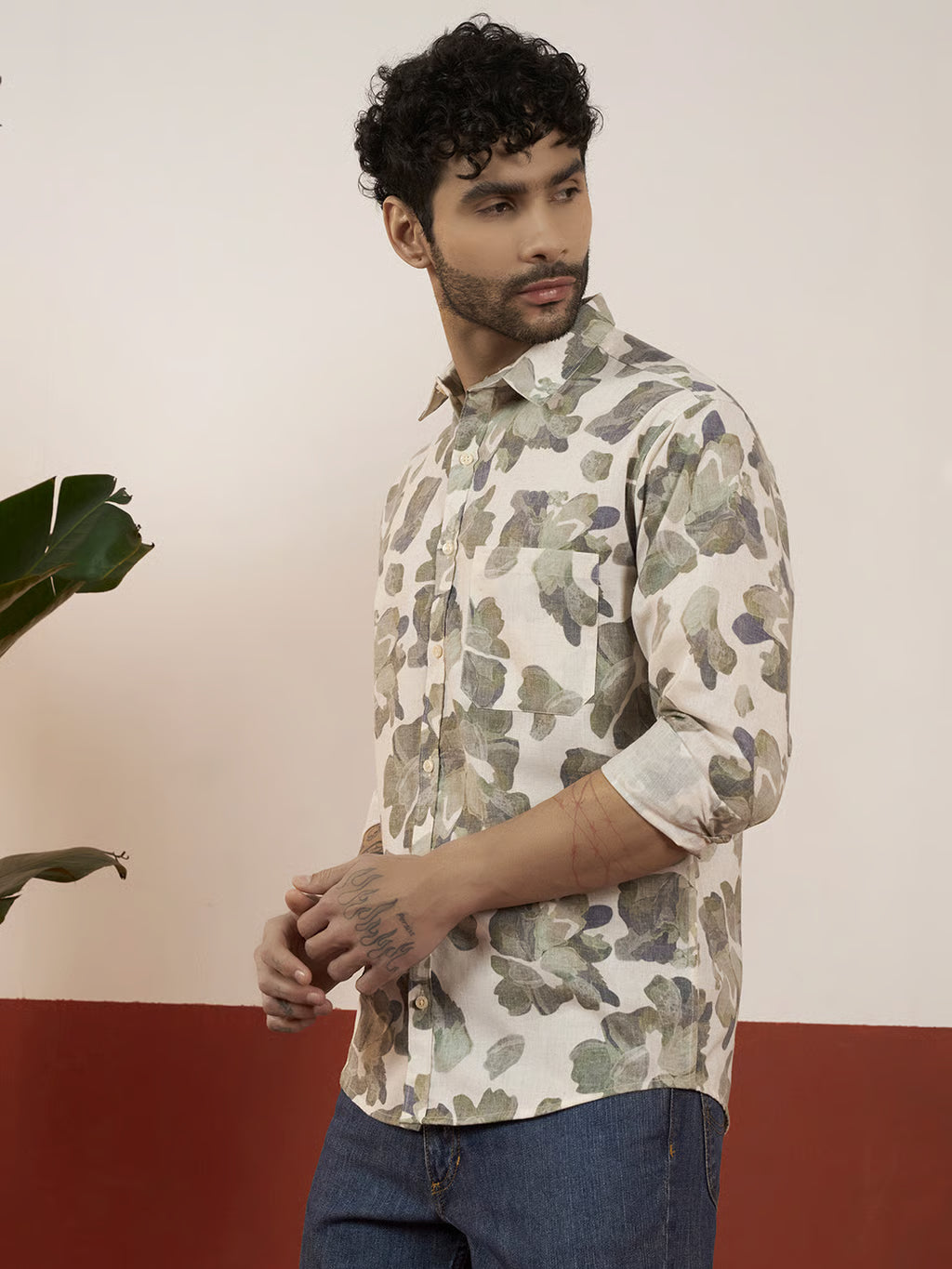 REBELAW Leaf Drift Linen Regular Fit Shirt