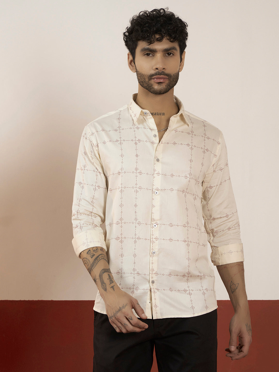 Men’s Off-White Satin Cotton Printed Shirt – Full Sleeve | Regular Fit