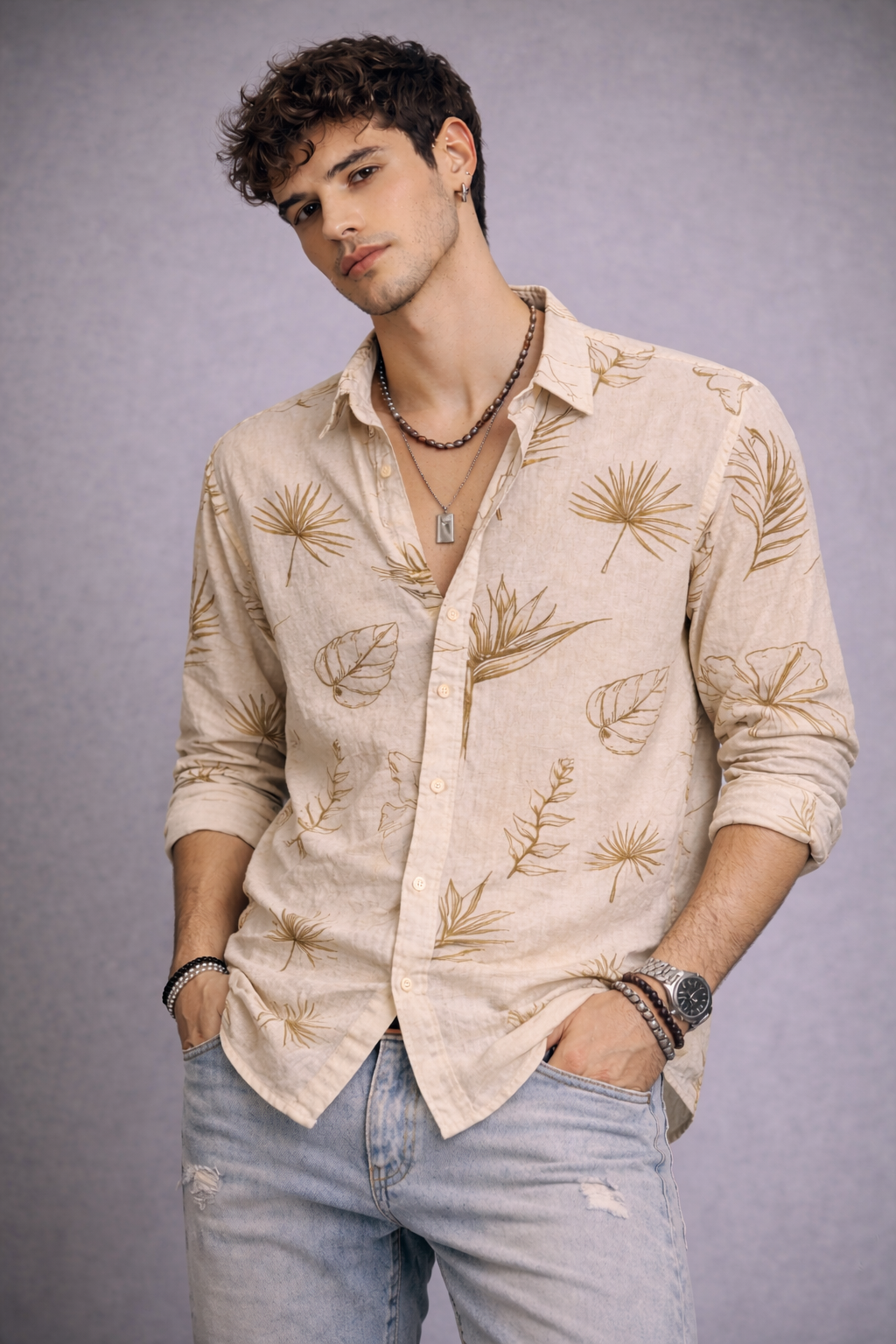 REBELAW Leaf Drift Linen Regular Fit Shirt