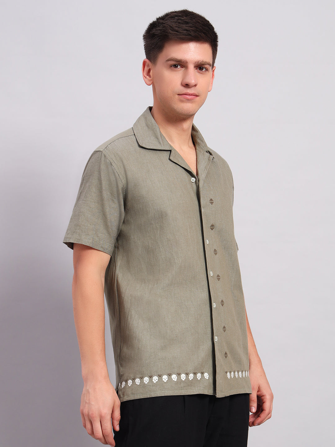 Men’s Cotton Embroidered Cuban Collar Shirt – Straight Waist Fit